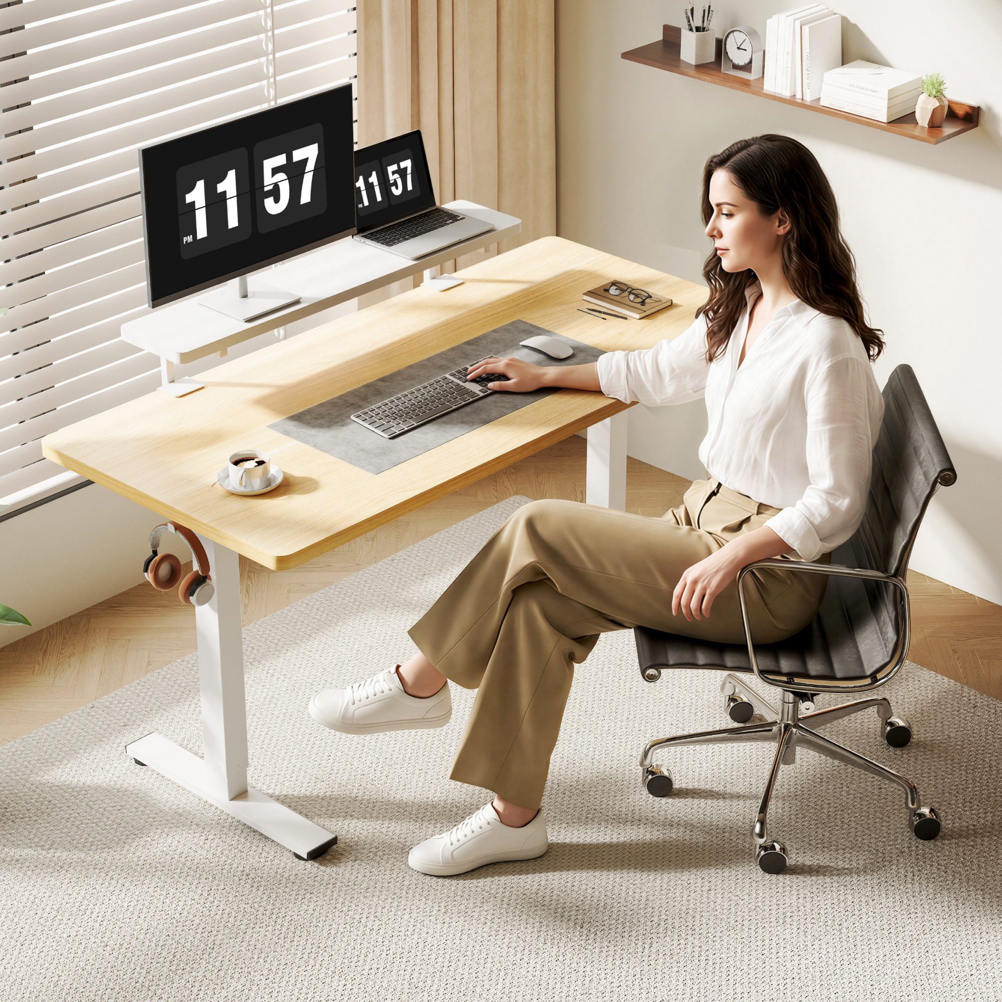 FLEXISPOT Schreibtisch Elektrischer Höhenverstellbarer Schreibtisch mit Tischaufsatz (2 Motore & 2-Fach-Teleskop & 4 Höhenspeichertasten, 140×80cm, Antikollisionssystem, 25mm Tischplatte, Max. Load: 120kg), ergonomisches Komplettset mit klemmbarer Monitorerhöhung