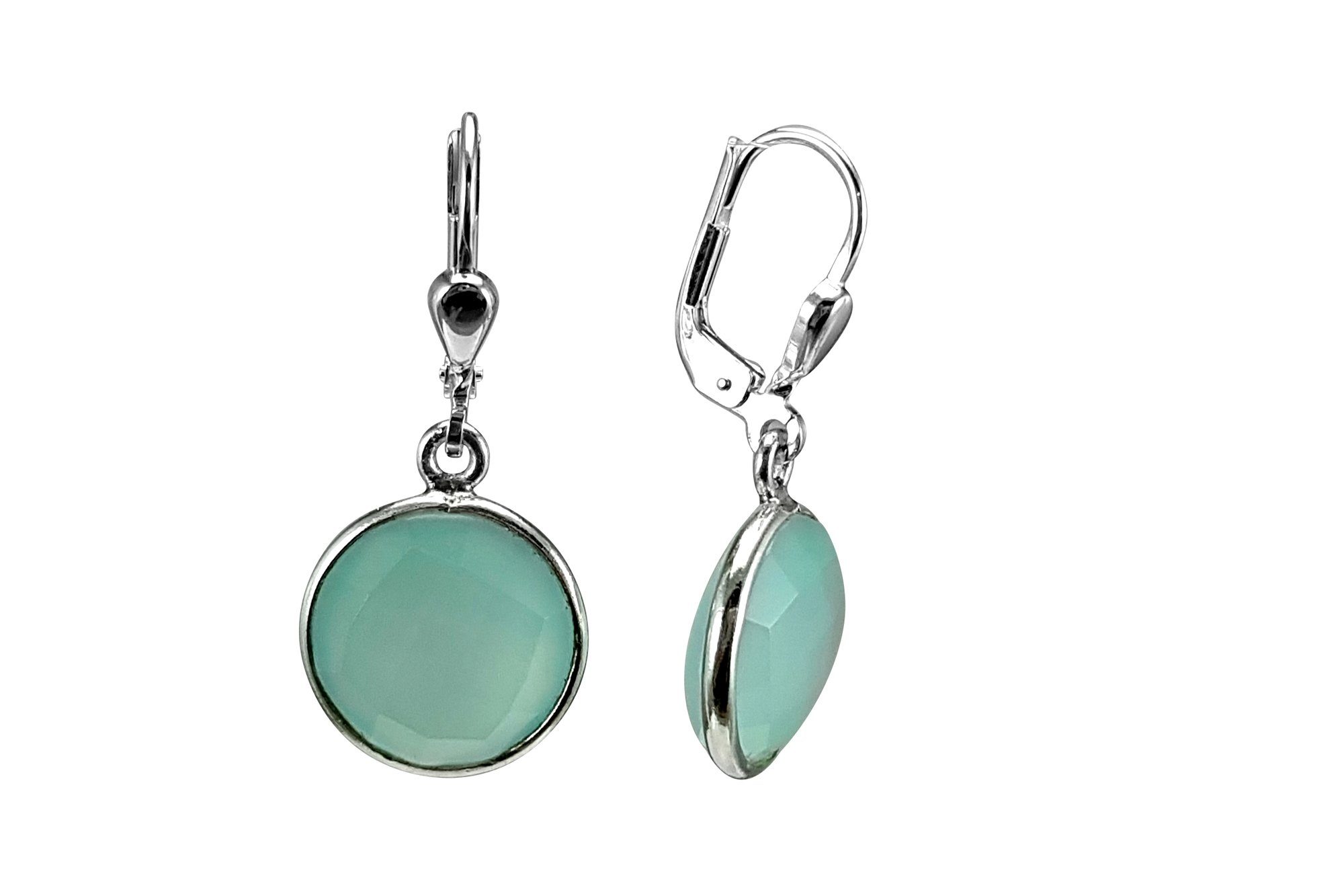 ALUNA Paar Ohrhänger Silber 925 mit Aqua-Chalcedon rund, mit Klappbügelbrisuren - Brautschmuck - er0367x1