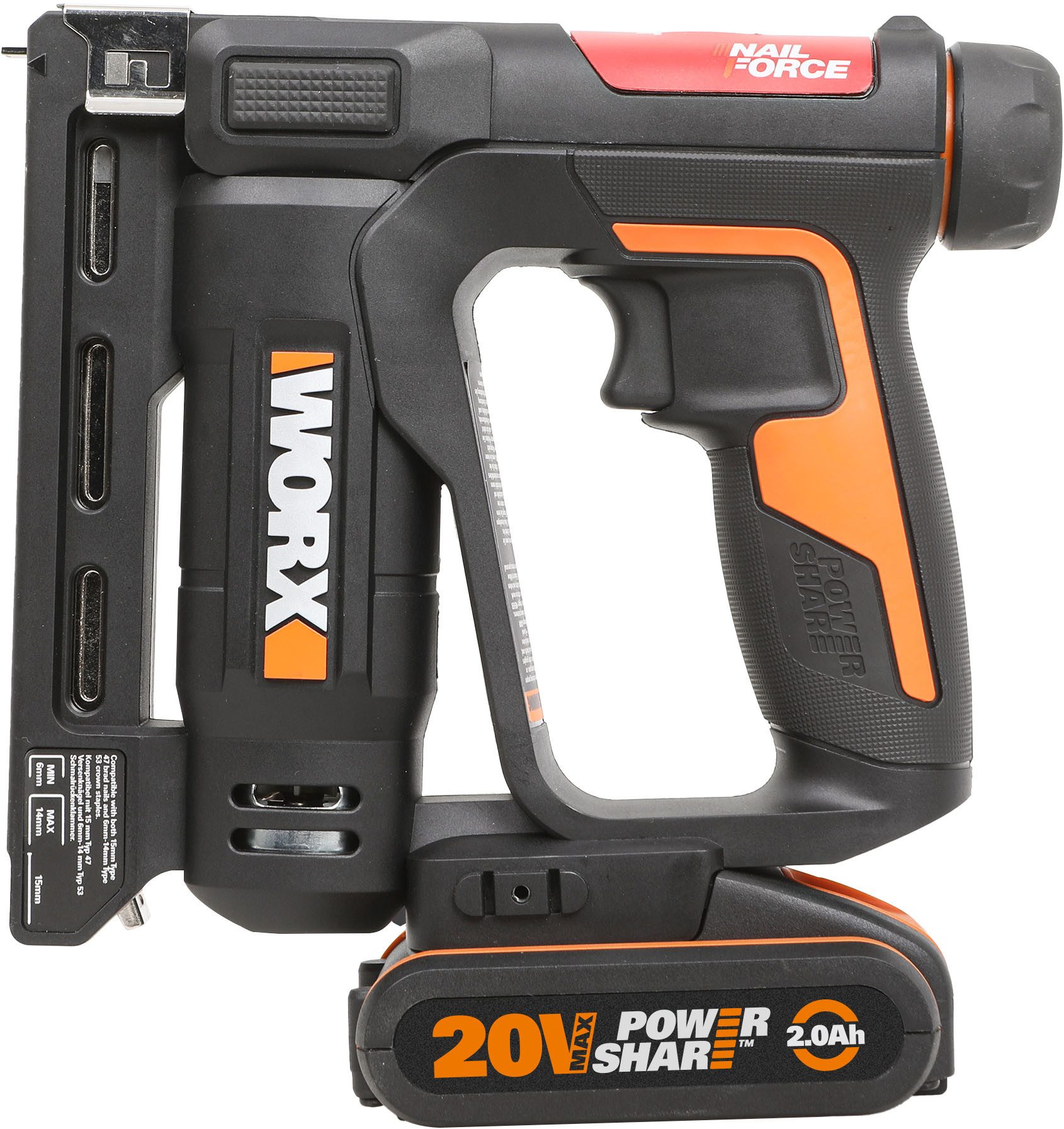 Worx Akku-Tacker WX843 NailForce, für Nägel bis 15mm & Tackerklammer bis 14mm, mit Akku und Ladegerät