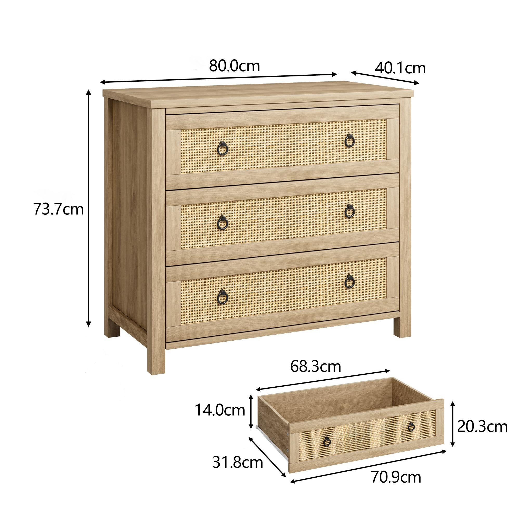 GarveeMore Kommode Kommode mit 3 Schubladen aus Rattan Schubkastenkommode Nachtkommode, Sideboard Anrichte Moderne Mini-Kommode einfache Montage Stauraum