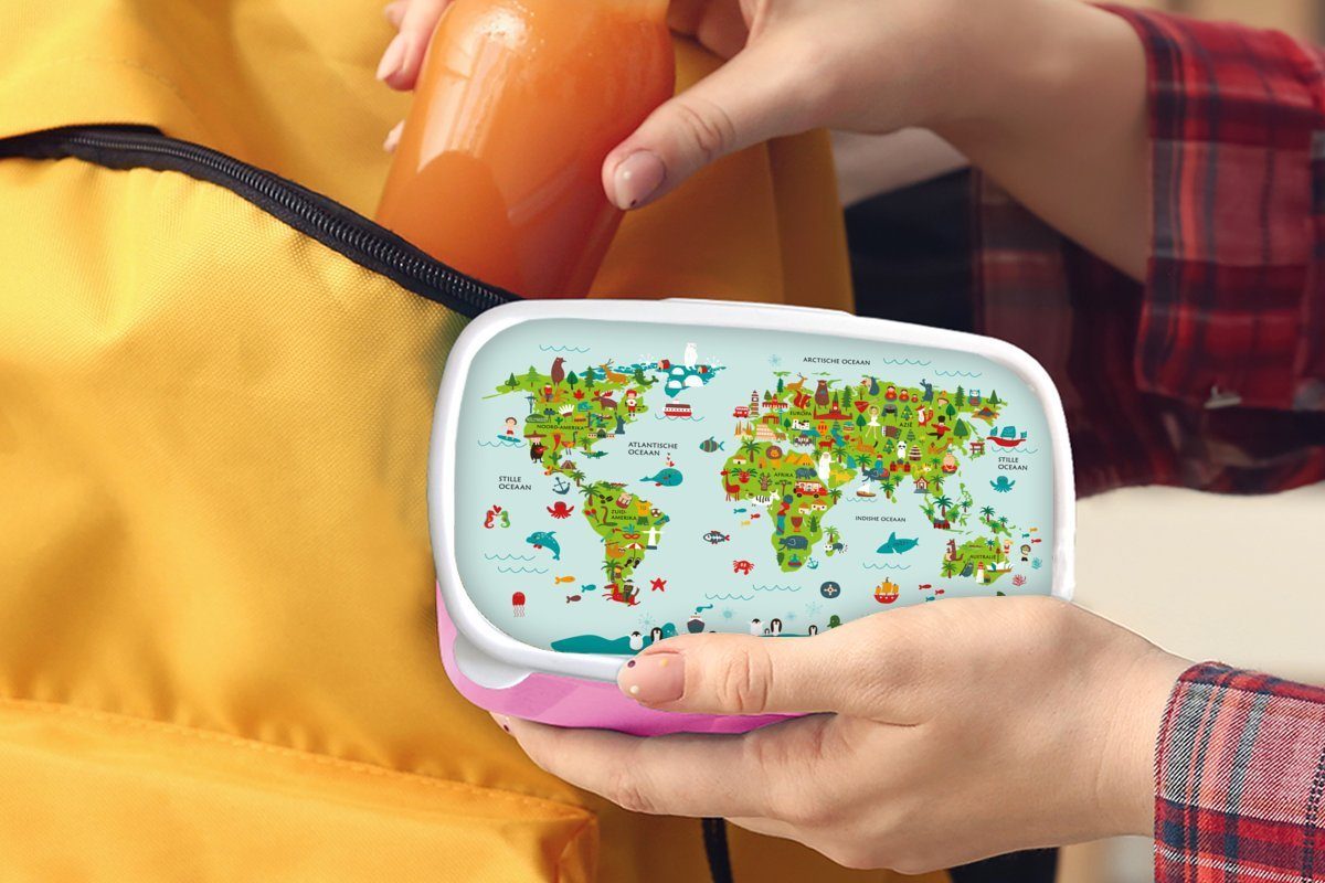 MuchoWow Lunchbox rosa Mädchen, Brotbox Kunststoff Grün, - Snackbox, (2-tlg), Erwachsene, Weltkarte Brotdose - für Kinder Kunststoff, Farben Kinder