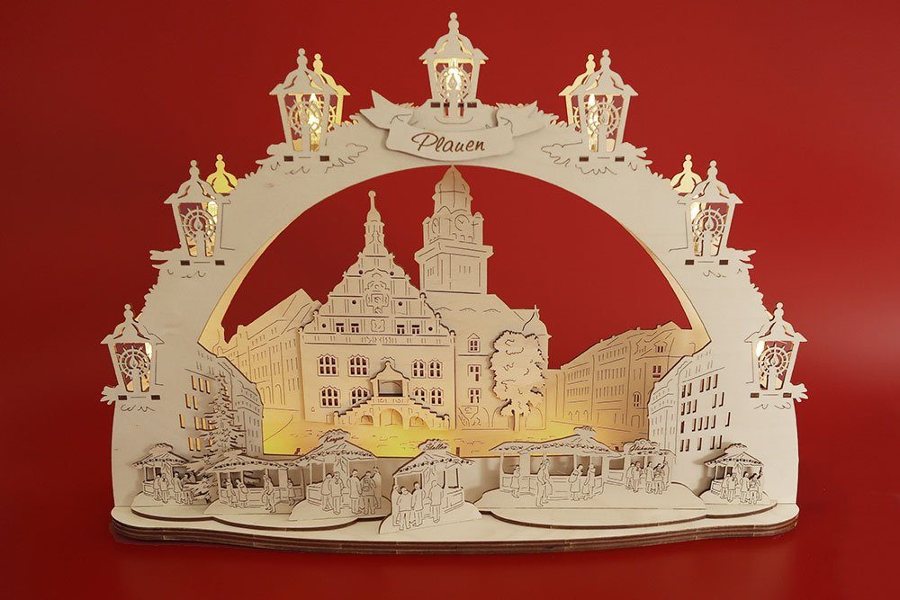 DeColibri LED Schwibbogen 3D LED Schwibbogen Plauen Vogtland Rathaus - Holzkunst - mit Netzkabel, Holzkunst aus Sachsen, beleuchtet