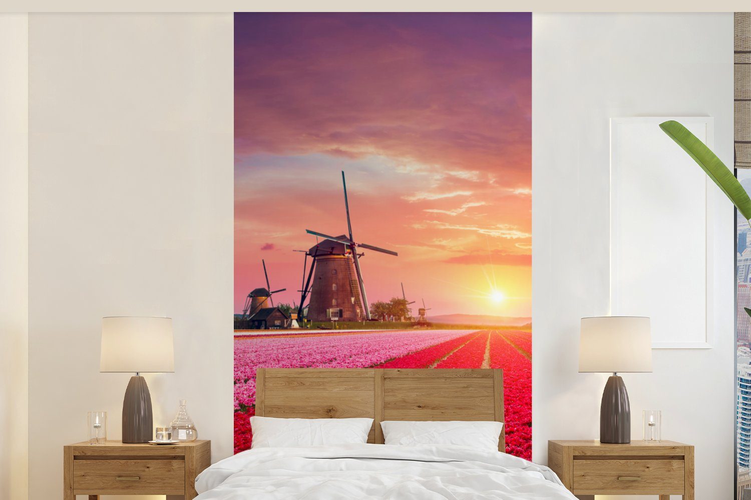 Windmühle bedruckt, (2 - Rosa, für Fototapete Sonnenuntergang Küche, Wohnzimmer Blumen - Fototapete - Schlafzimmer St), Vliestapete - MuchoWow Tulpen Matt,