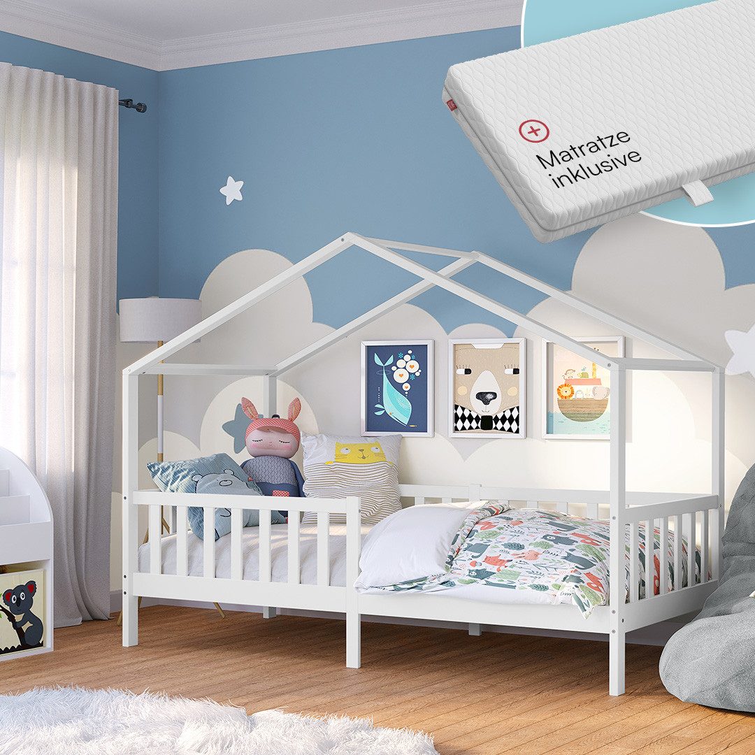 Bellabino Hausbett Bia mit Rausfallschutz & Lattenrost (weiß, mit Matratze) günstig online kaufen