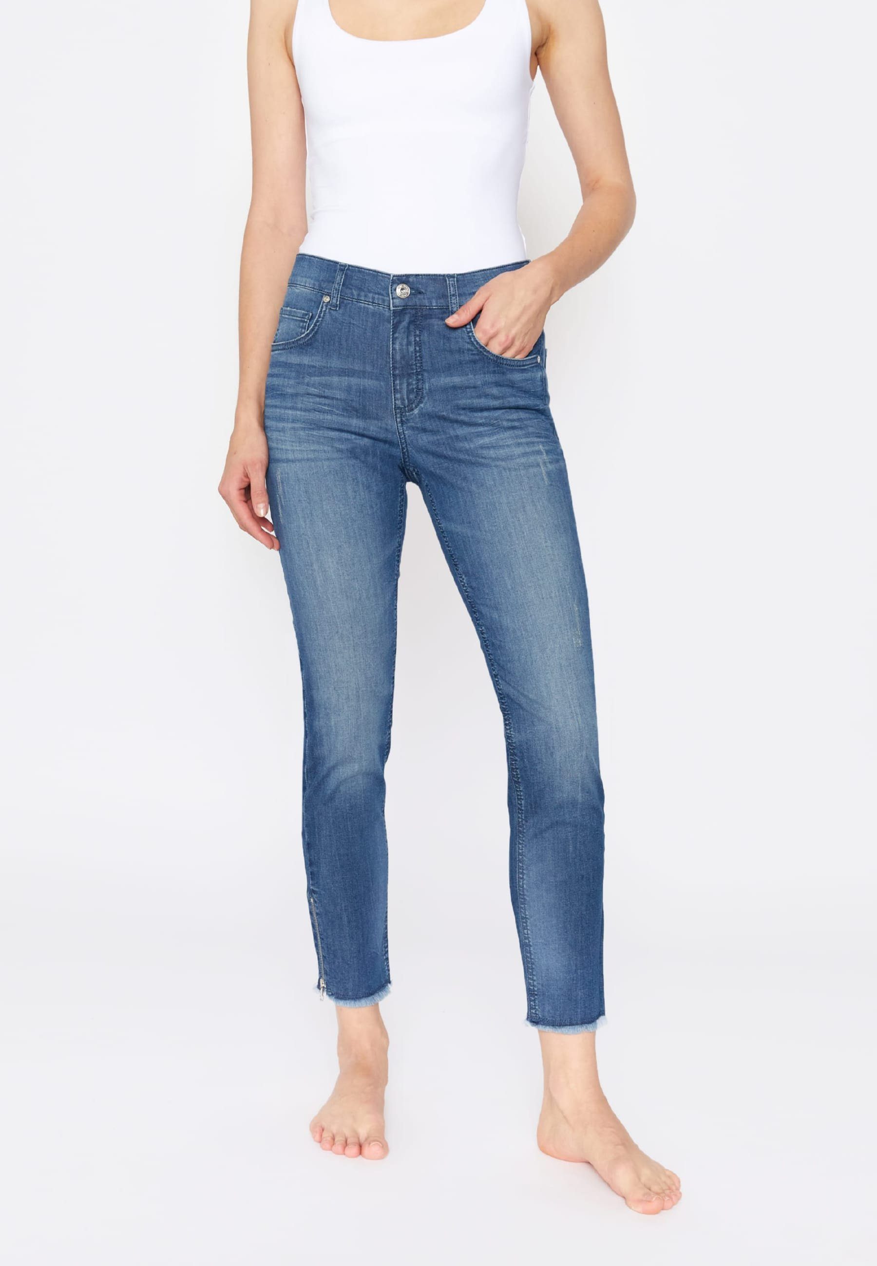 ANGELS Slim-fit-Jeans Slim-Jeans Skinny Ankle Zip Fringe mit Label-Applikationen dunkelblau