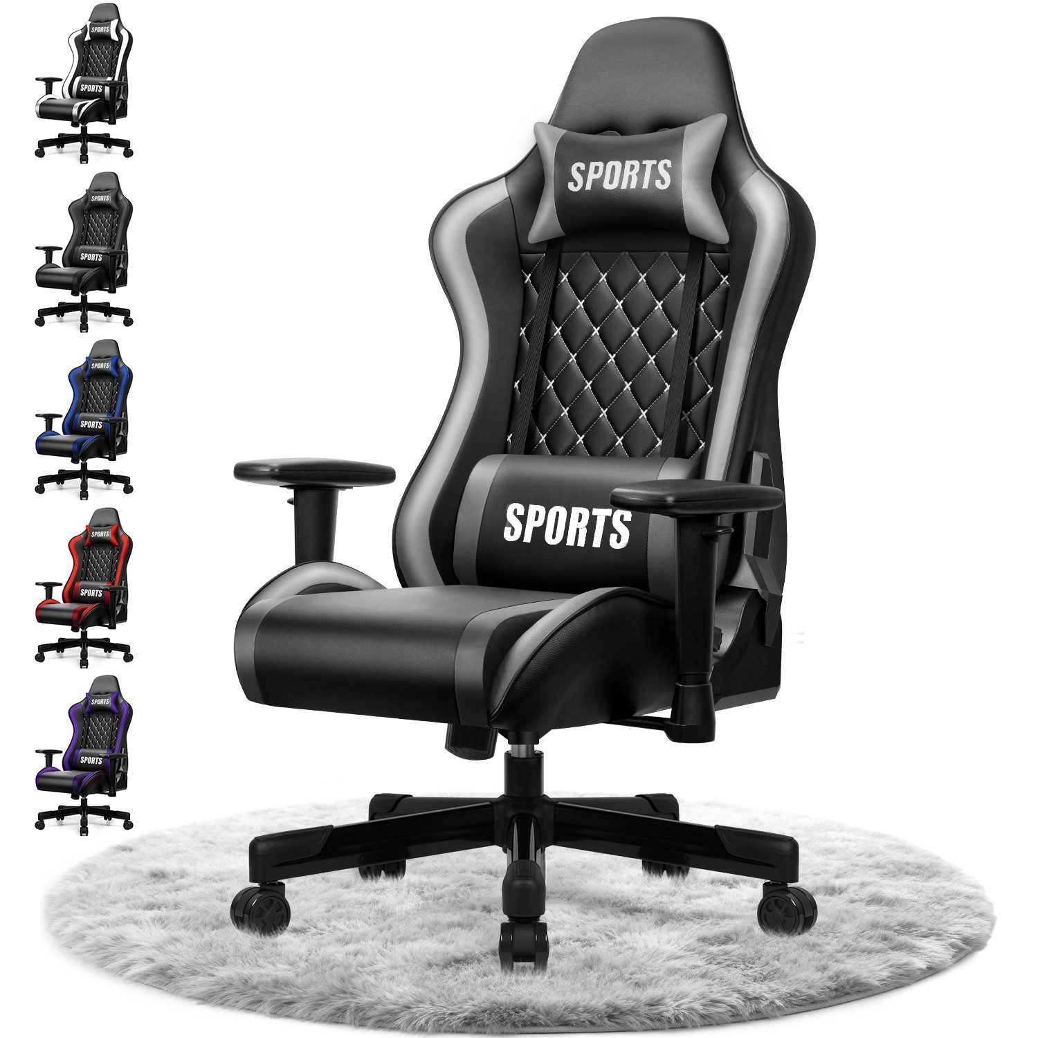 Adormii Gaming-Stuhl Gaming stuhl mit verstellbaren Armlehnen, ergonomisch gaming chair (90°–170° neigbar und arretierbar, gamingstuhl mit gepolsterter Kopfstütze und Lendenkissen, pc stuhl gaming mit verdicktem Sitzkissen, 10cm höhenverstellbarem Sitz, gamer stuhl bis 150 kg)