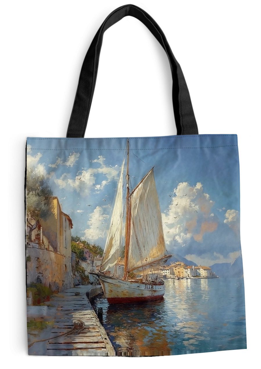 MuchoWow Shopper Segelschiff - Häuser - Kai - Meer, Handtasche, Damen und Herren, Schultertasche, Umhängetasche, Tote Bag