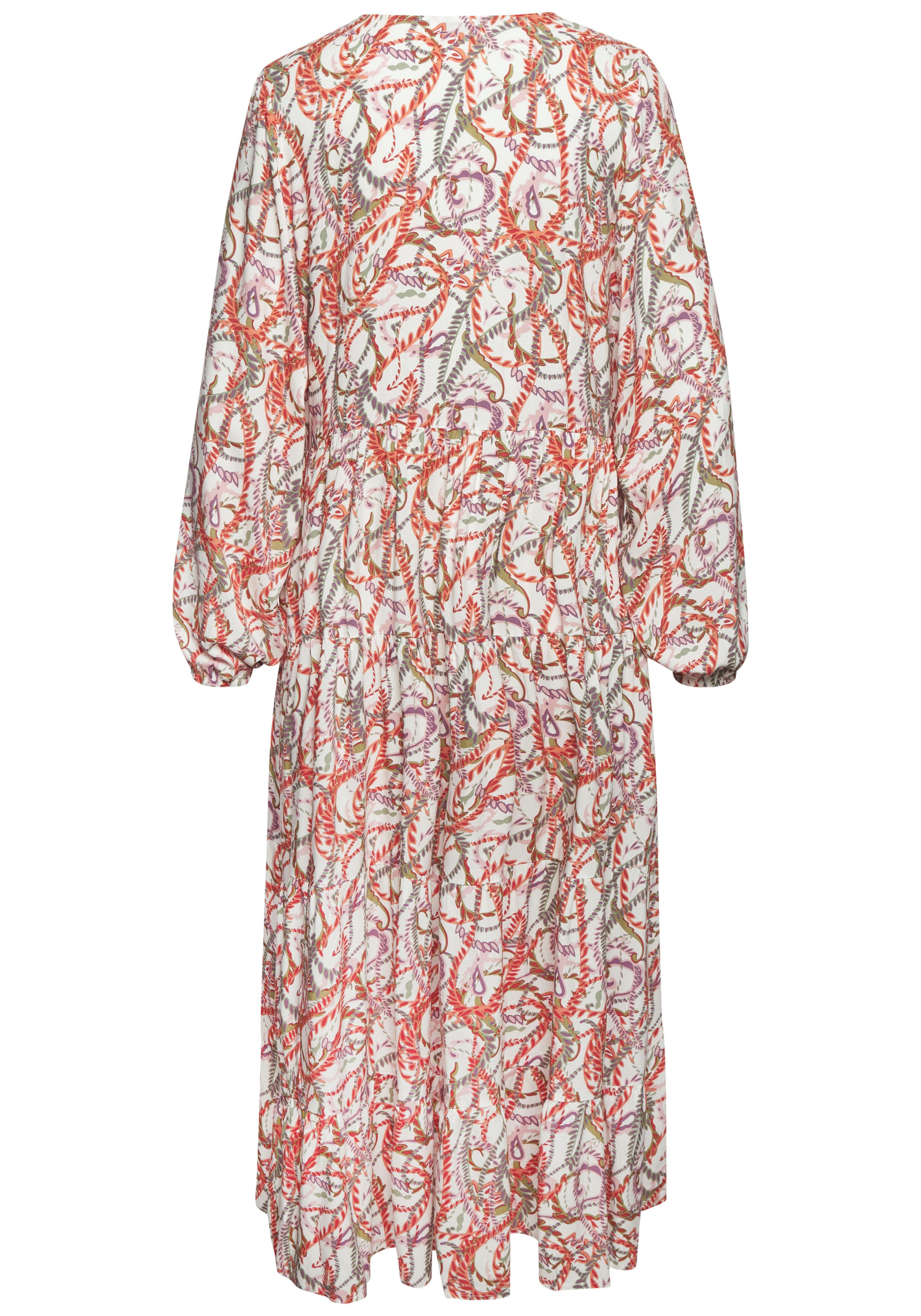 LASCANA Maxikleid mit Alloverprint und V-Ausschnitt aus Viskose, locker bequemer Look Langärmliges Webkleid, Sommerkleid, lockeres Kaftankleid, Druckkleid – Bild 4 von 5