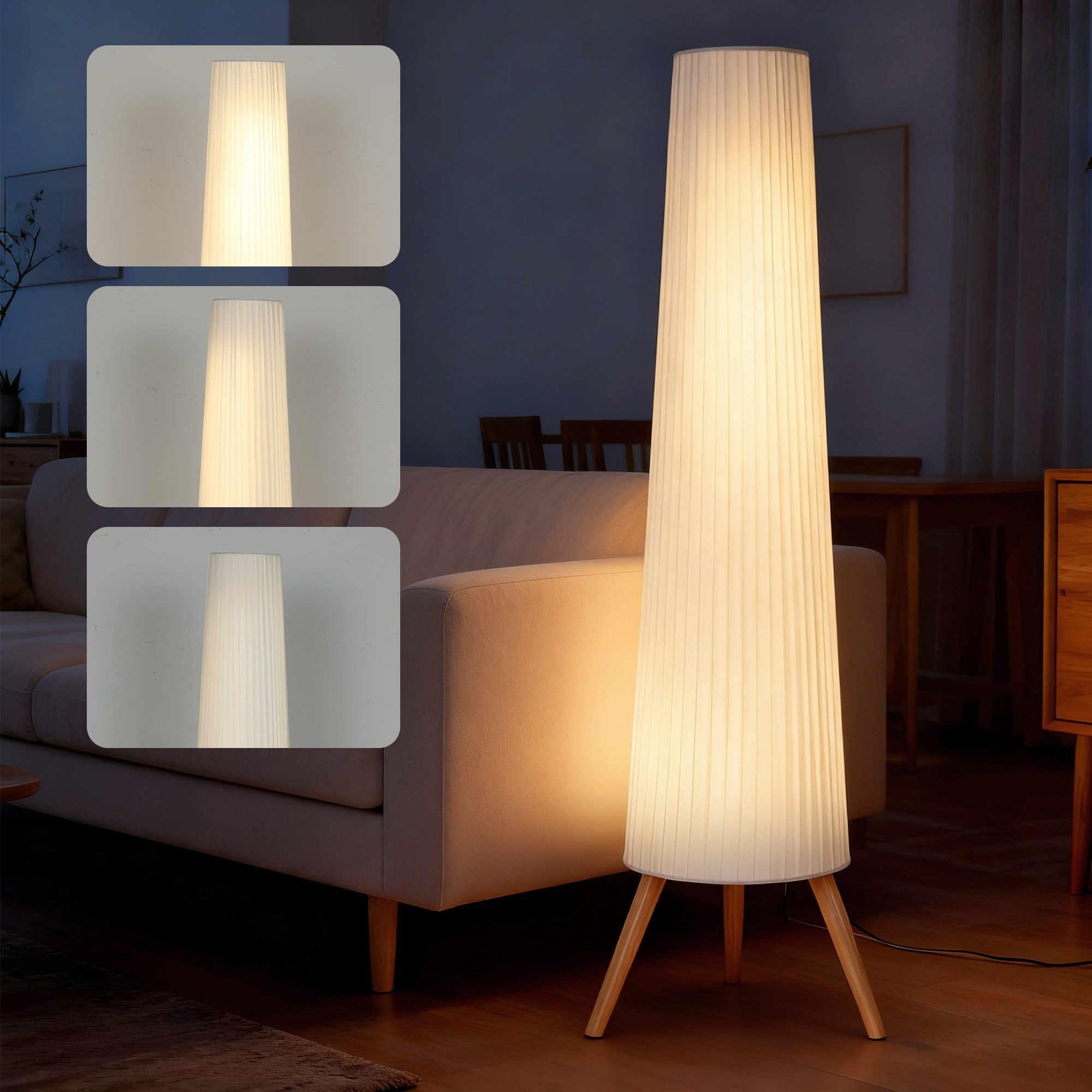 HOMCOM Stehlampe LED Dimmbar, Holz mit Dreibein, Stehleuchte mit Fußschalter, Dimmfunktion, LED fest integriert, Warmweiß, für Wohnzimmer Schlafzimmer, Weiß