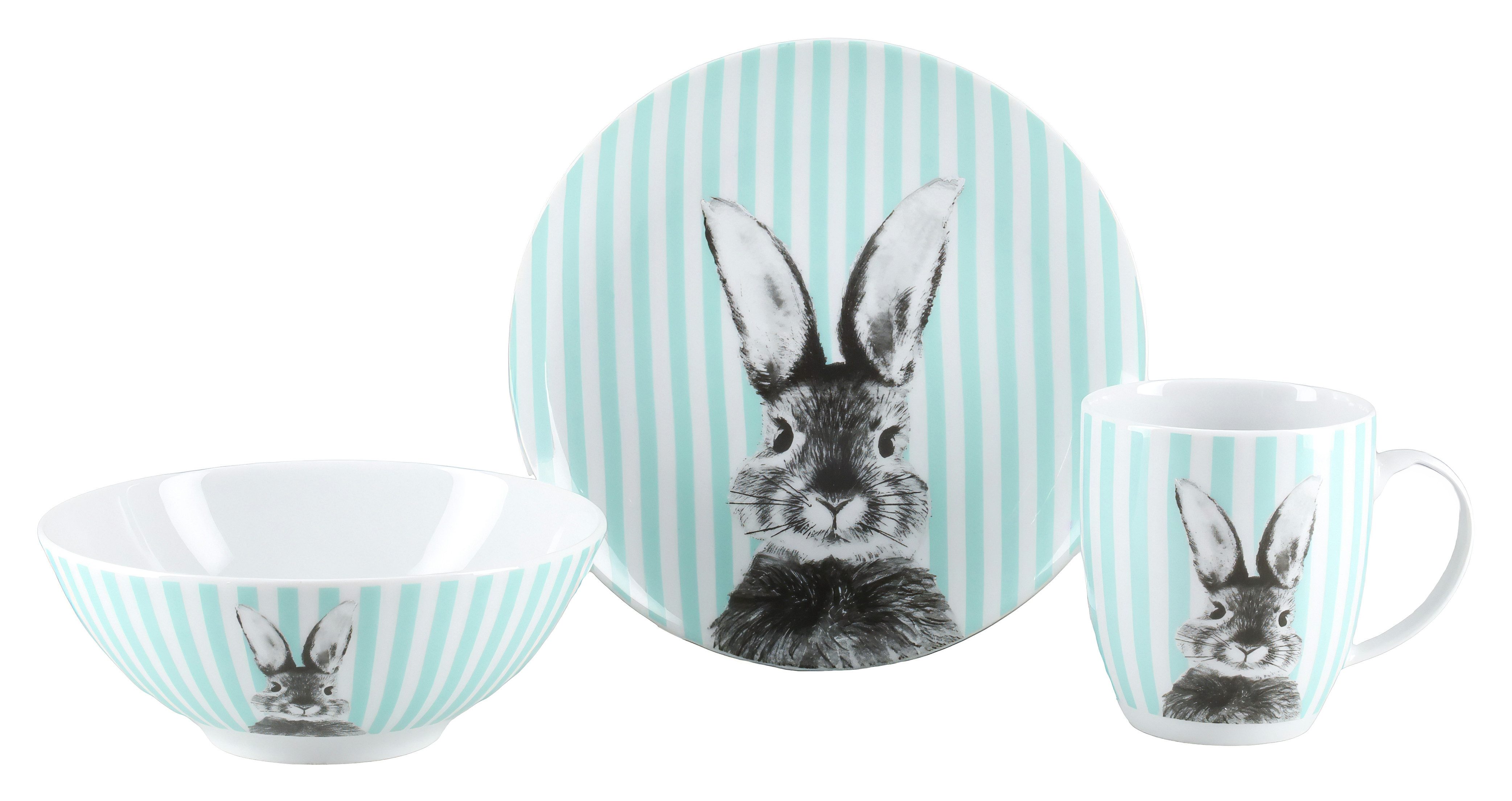 CreaTable Geschirr-Set Happy Bunny, Set 3-tlg., mit Hasenmotiv, ideal für Ostern (3-tlg), 1 Personen, Porzellan, Osterdesign, fröhliche & frühlingshafte Farben