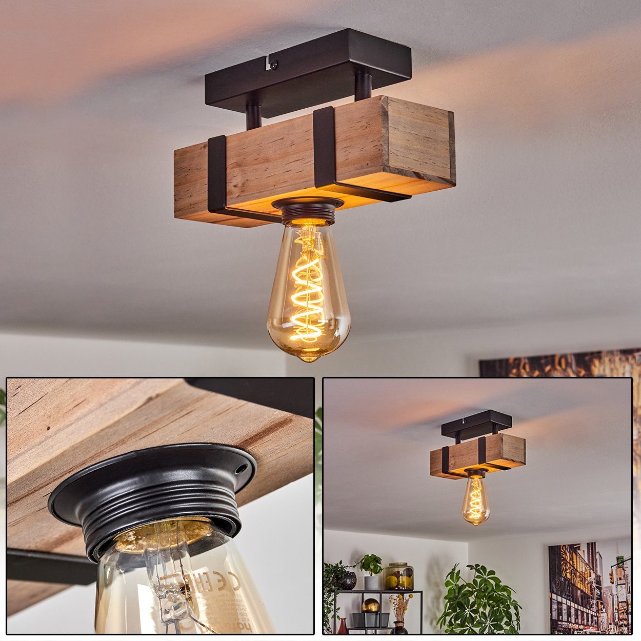 hofstein Deckenleuchte moderne Deckenlampe aus Metall/Holz in Schwarz/Natur, ohne Leuchtmittel, im industrial Design mit Holzbalken, 1 x E27, ohne Leuchtmittel