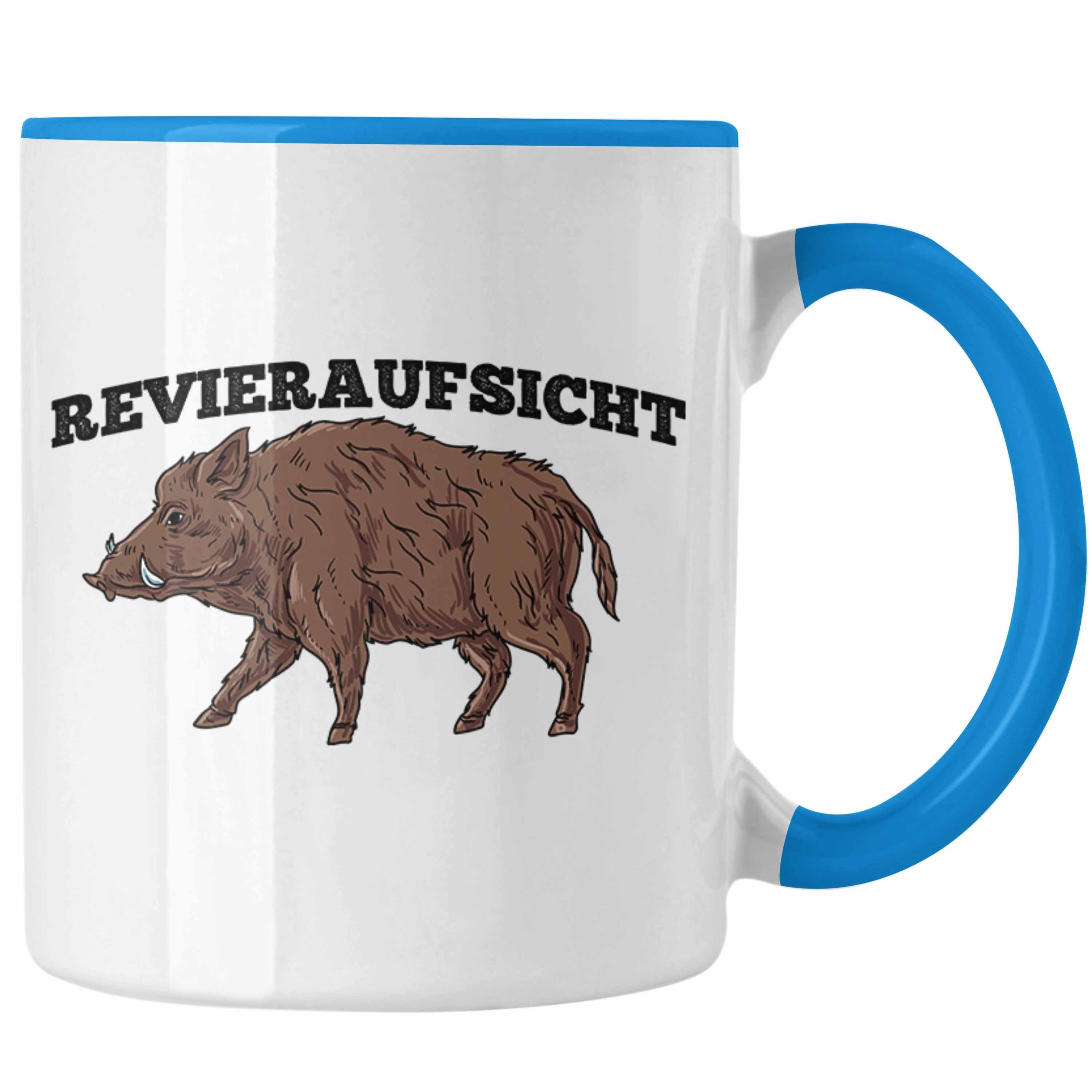 Trendation Tasse Lustige Tasse "Revieraufsicht" Wildschwein Grafik Geschenk für Jäger J Blau