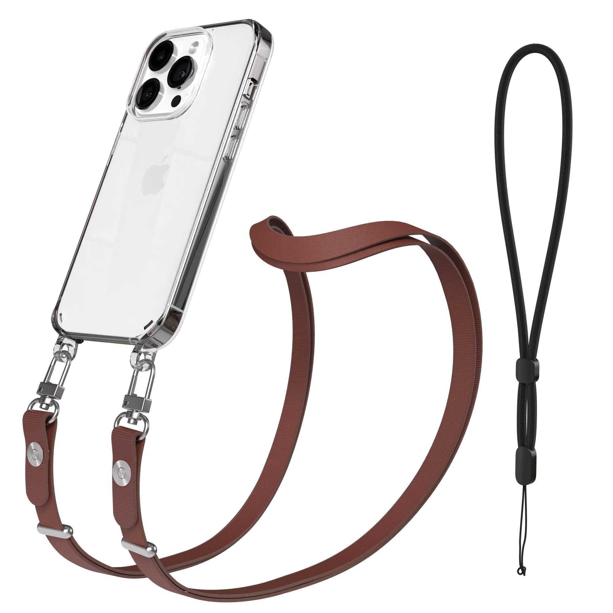 EAZY CASE Handykette für Apple iPhone 14 Pro Handyhülle mit Handyband magnetisch, Handykordel in Dunkelbraun mit Magnetband für Hüllen mit 2x2 Löchern