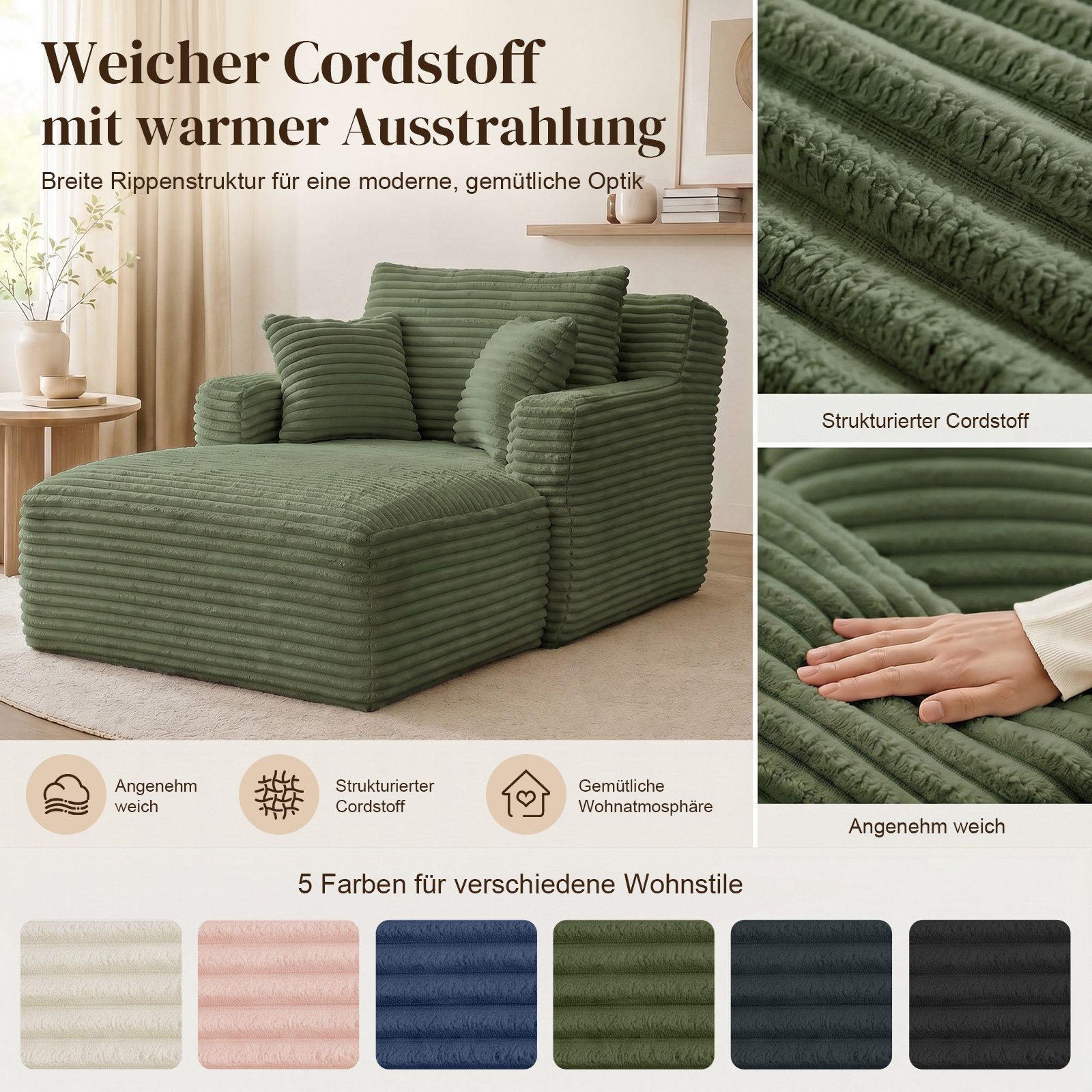 ANYSUN Loungesofa Modernes Chaiselongue-Sofa,Cord-Schlafsofa, 2 Kissen,Relaxsessel Cord, ohne Montage mit Taschenfederkern & Schaumstoffpolsterung,Loungesofa, L – Bild 3 von 5