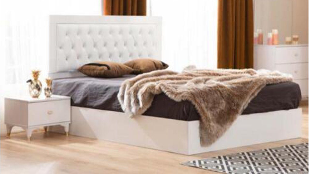 JVmoebel Schlafzimmer-Set Weißes Schlafzimmer Set Chesterfield Bett 2x Nachttische Designer, Made In Europe