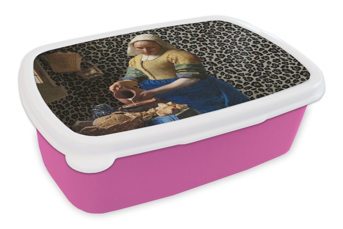 MuchoWow Lunchbox Milchmädchen - Kunst - Pantherdruck - Vermeer - Gemälde - Alte Meister, Kunststoff, (2-tlg), Brotbox für Erwachsene, Brotdose Kinder, Snackbox, Mädchen, Kunststoff rosa | Lunchboxen