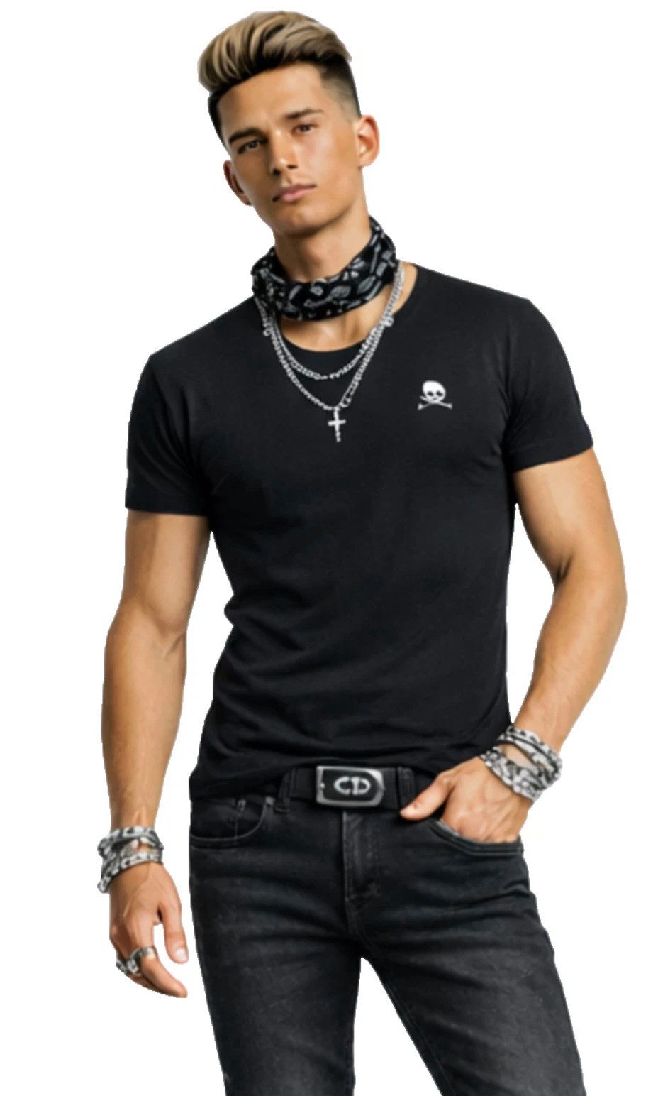 PHILIPP PLEIN T-Shirt Herren Shirt mit Totenkopf Stickerei Slim-Fit Zwei-Nadel-Saumabschlüssen, Totenkopf stickerei, Rippbündchen