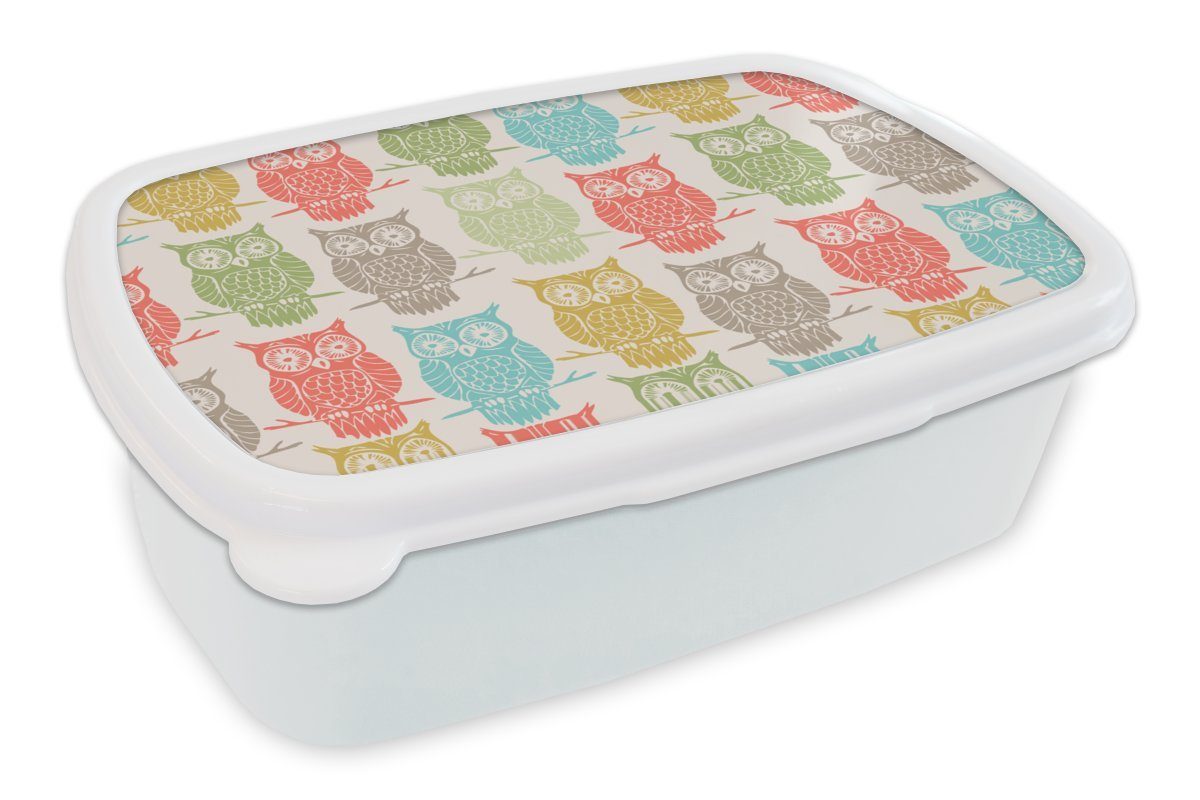 MuchoWow Lunchbox Muster - Eule - Vögel, Kunststoff, (2-tlg), Brotbox für Kinder und Erwachsene, Brotdose, für Jungs und Mädchen weiß