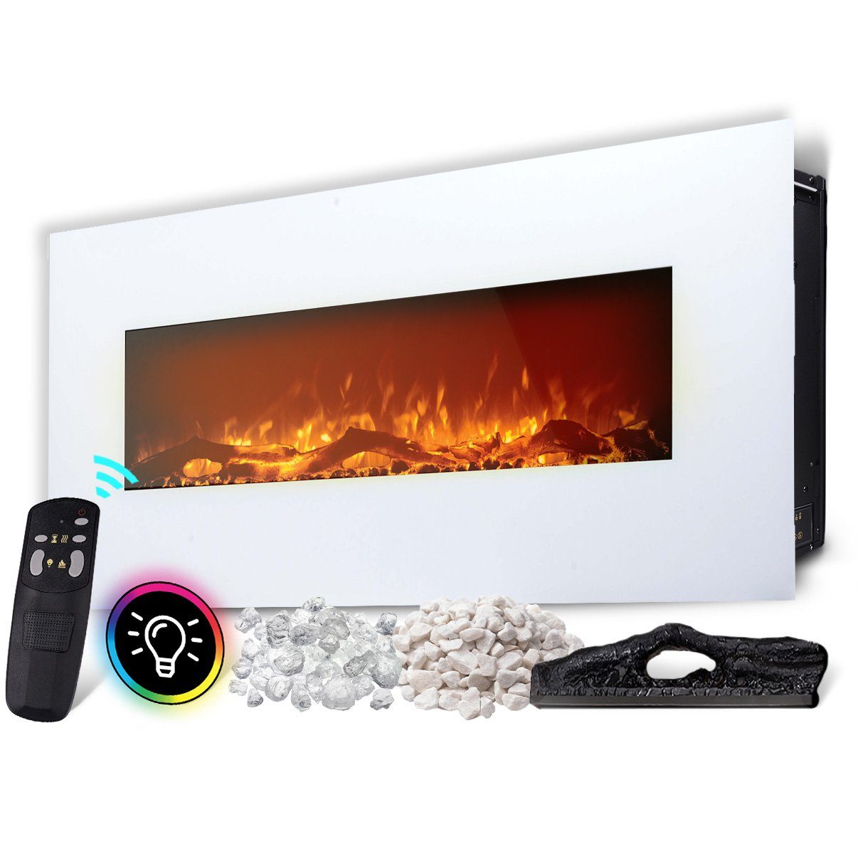 Heidenfeld Elektrokamin Kamin Heizung Wandkamin HF-WK300 750/1500 Watt inkl. 3 J. Garantie, 3D Flammen - 10 wählbare LED Farben - Fernbedienung - Elektroheizung