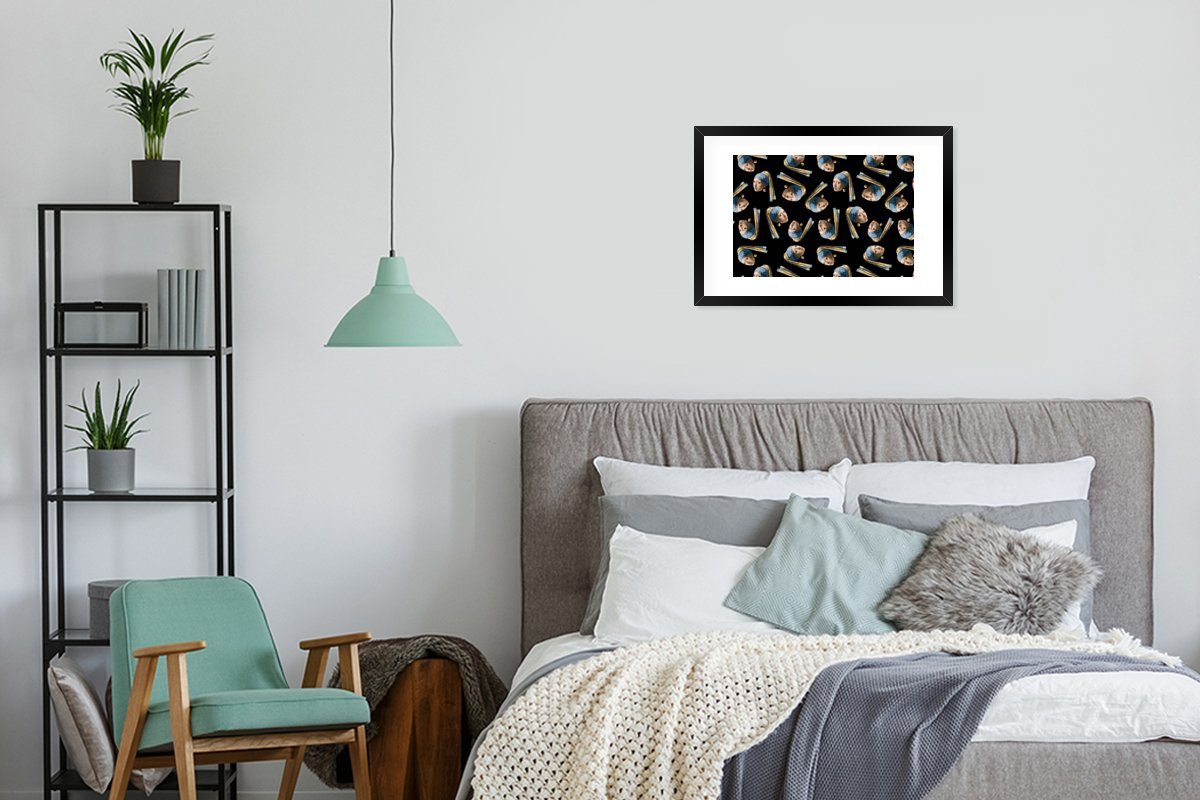 MuchoWow Poster Mädchen mit Perlenohrring mit St), - Muster Kunstdruck, Schwarzem Vermeer, Gerahmtes Rahmen, (1 - Bilderrahmen Poster