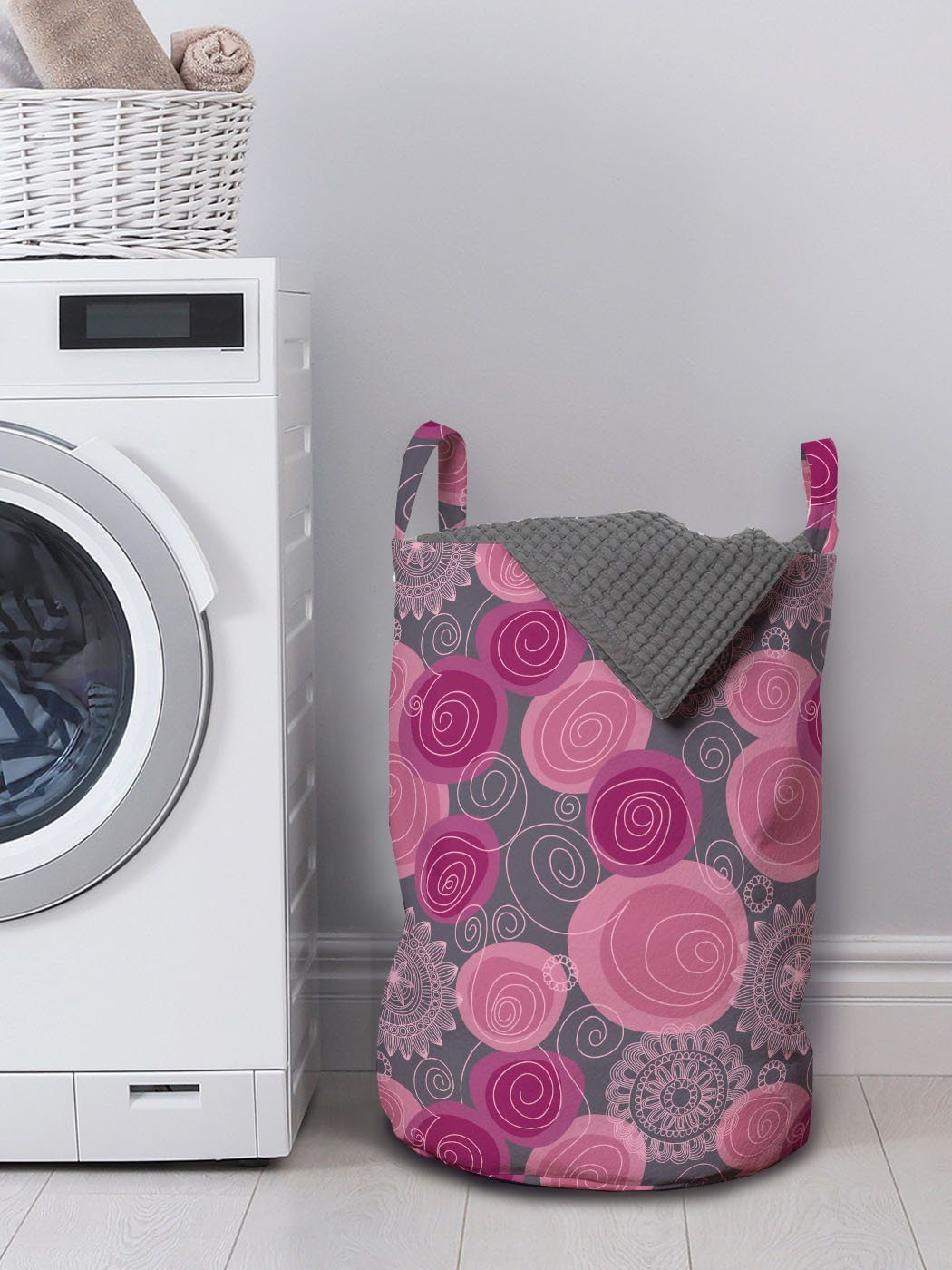 Kreis gewirbelte Grau Griffen Kordelzugverschluss Wäschesäckchen Rosa mit für Abakuhaus Lace Waschsalons, und Wäschekorb