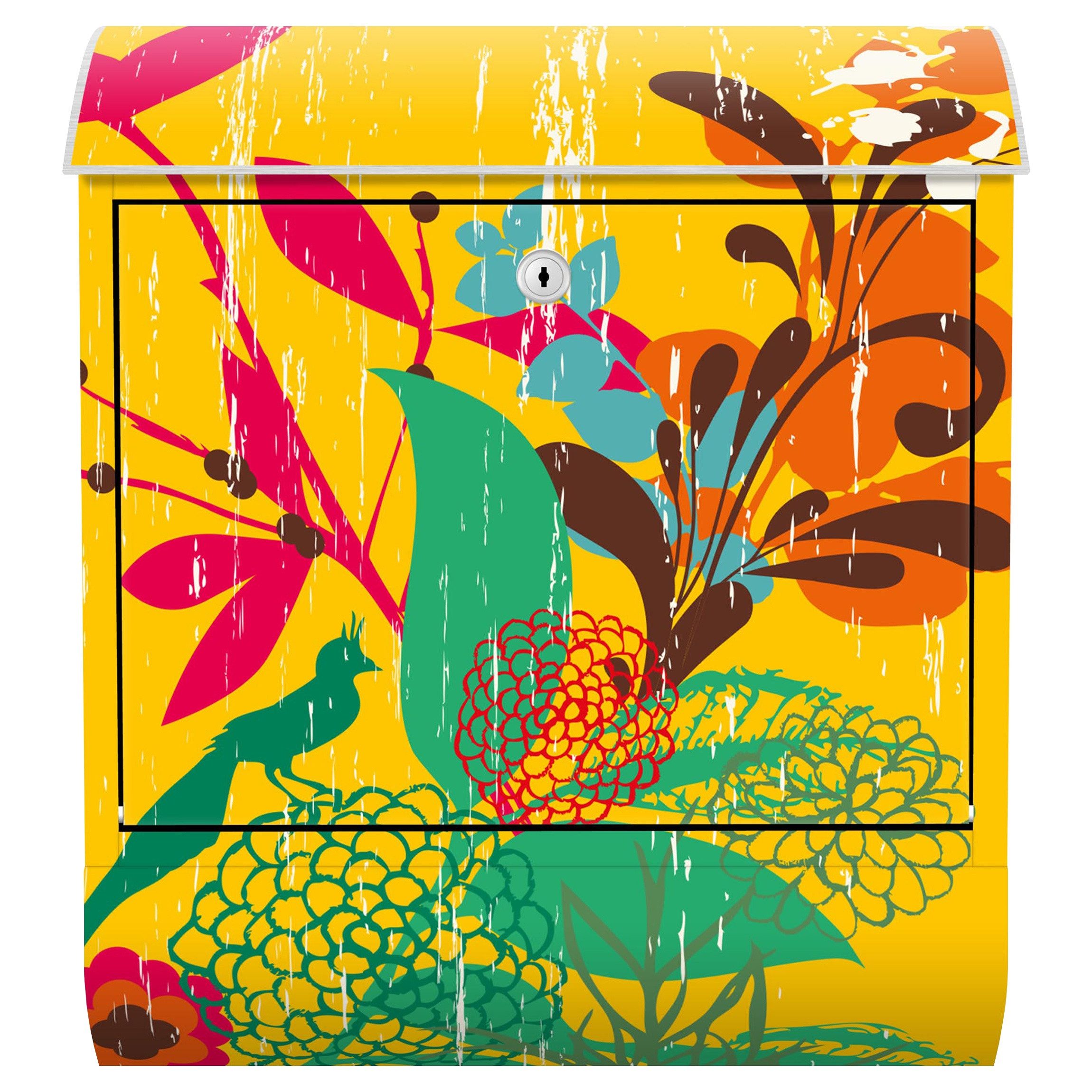 Bilderdepot24 Briefkasten Wandbriefkasten mit Zeitungsfach Motiv Bunter Grunge Garten (inkl. Zeitungsrolle und 3 Schlüssel), Motivdruck, wetterfest, UV-beständig, abschließbar, 46x39x13 cm