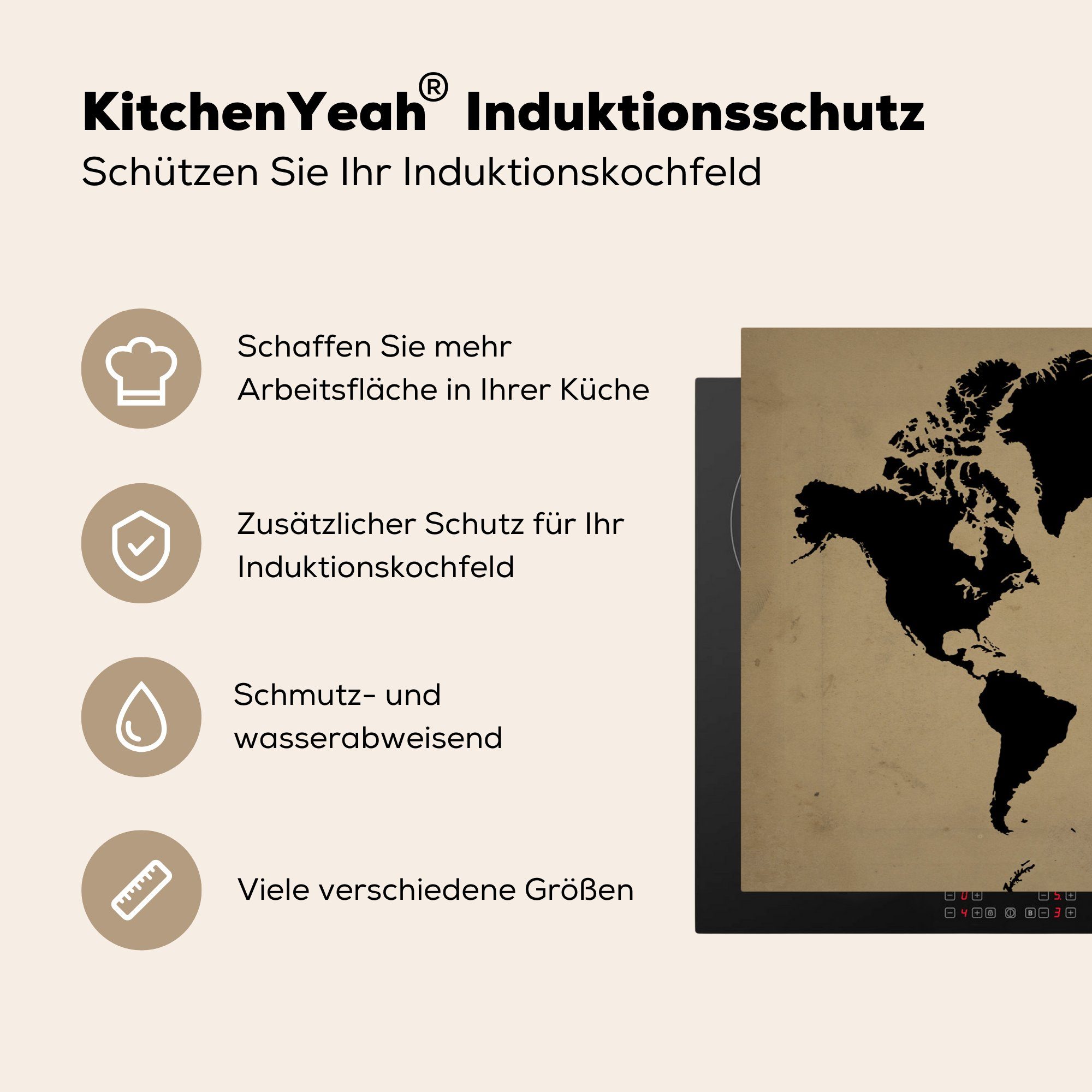 (1 cm, tlg), küche, die Weltkarte Vinyl, - Schwarz Ceranfeldabdeckung MuchoWow Herdblende-/Abdeckplatte für Schutz 81x52 Induktionskochfeld - Löwe,