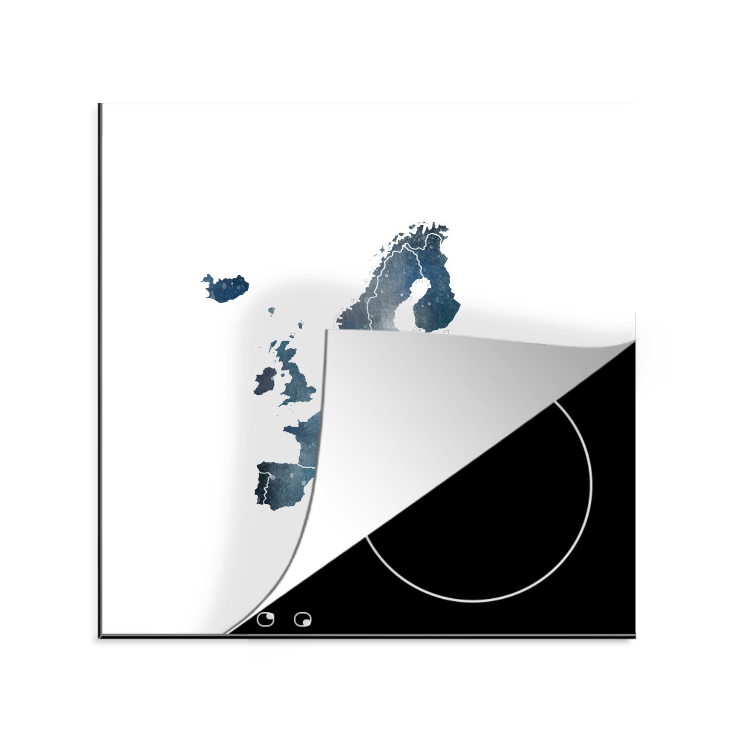 MuchoWow Herdblende-/Abdeckplatte Europa-Karte - Wasserfarben - Weiß - Ränder, Vinyl, (1 tlg), 78x78 cm, Ceranfeldabdeckung, Arbeitsplatte für küche