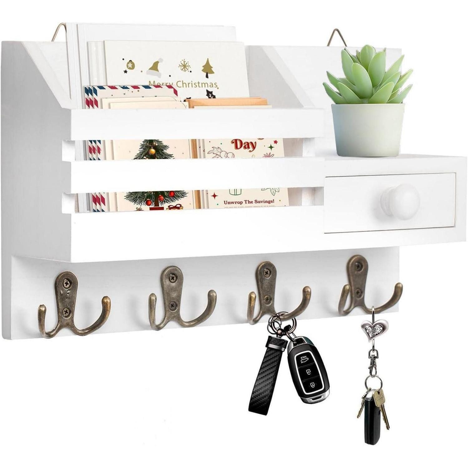 LuxusKollektion Schlüsselleiste Schlüsselbrett Holz mit Ablage weiß, (1 St)
