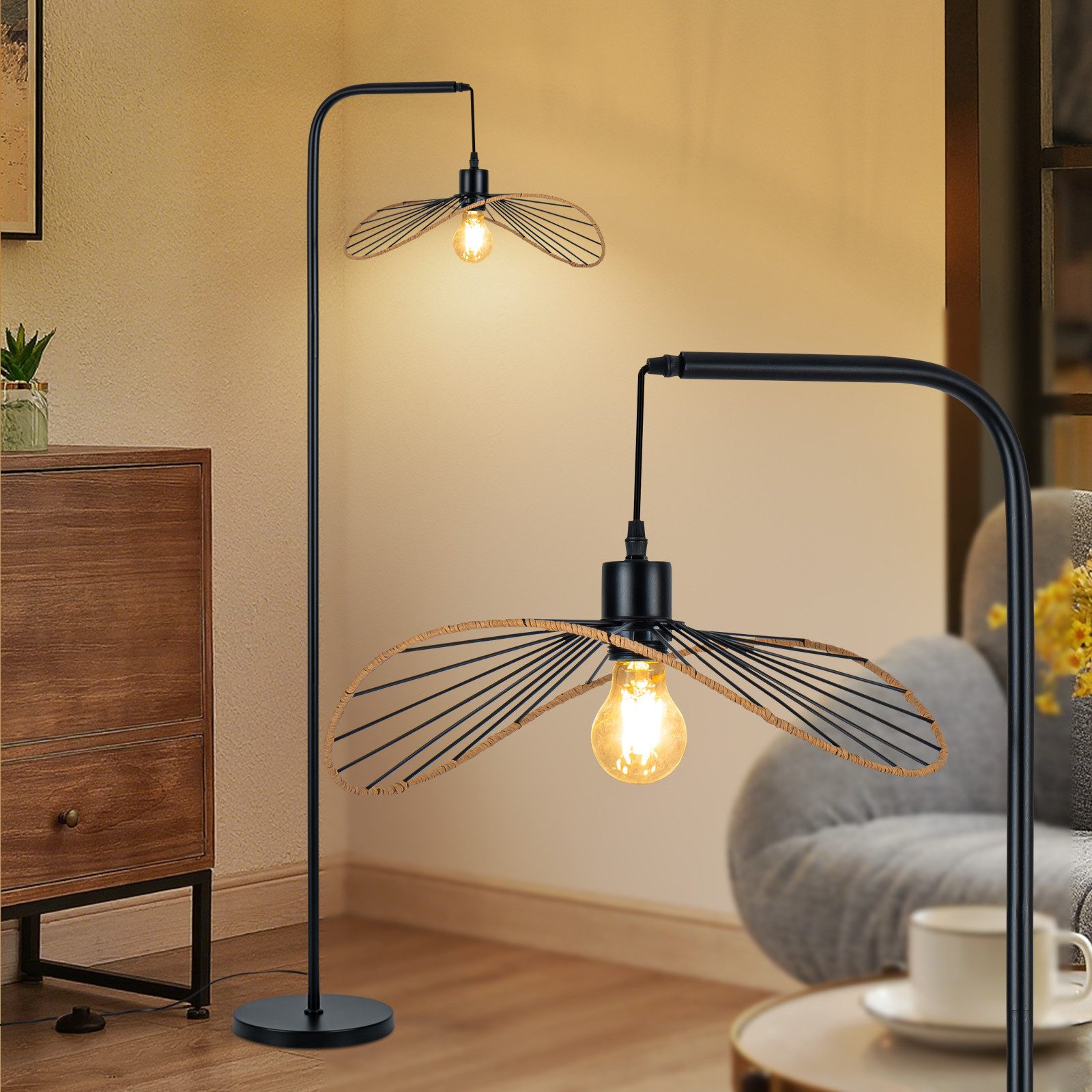 ZMH Stehlampe Wohnzimmer Vintage Metall E27 Stehleuchte Papierschirm Schlafzimmer, ohne Leuchtmittel, Metall & Papier,Höhenverstellbarer Schirm,Schmetterlingsschirm