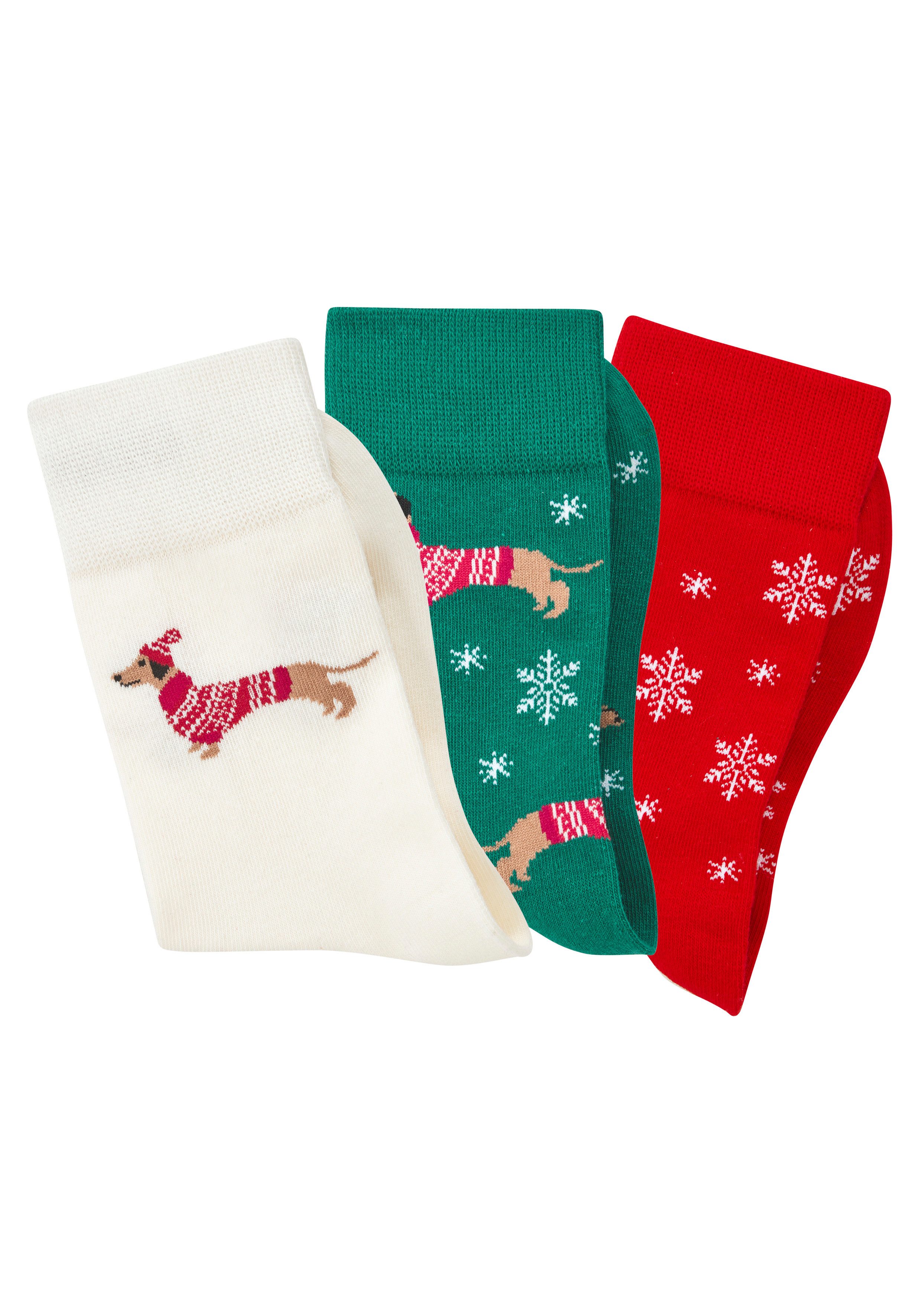 LASCANA Freizeitsocken Damen Weihnachtssocken (Packung, 3-Paar, Gr. 35-38 bis 39-42) mit lustigen Dackelmotiven – Bild 2 von 5