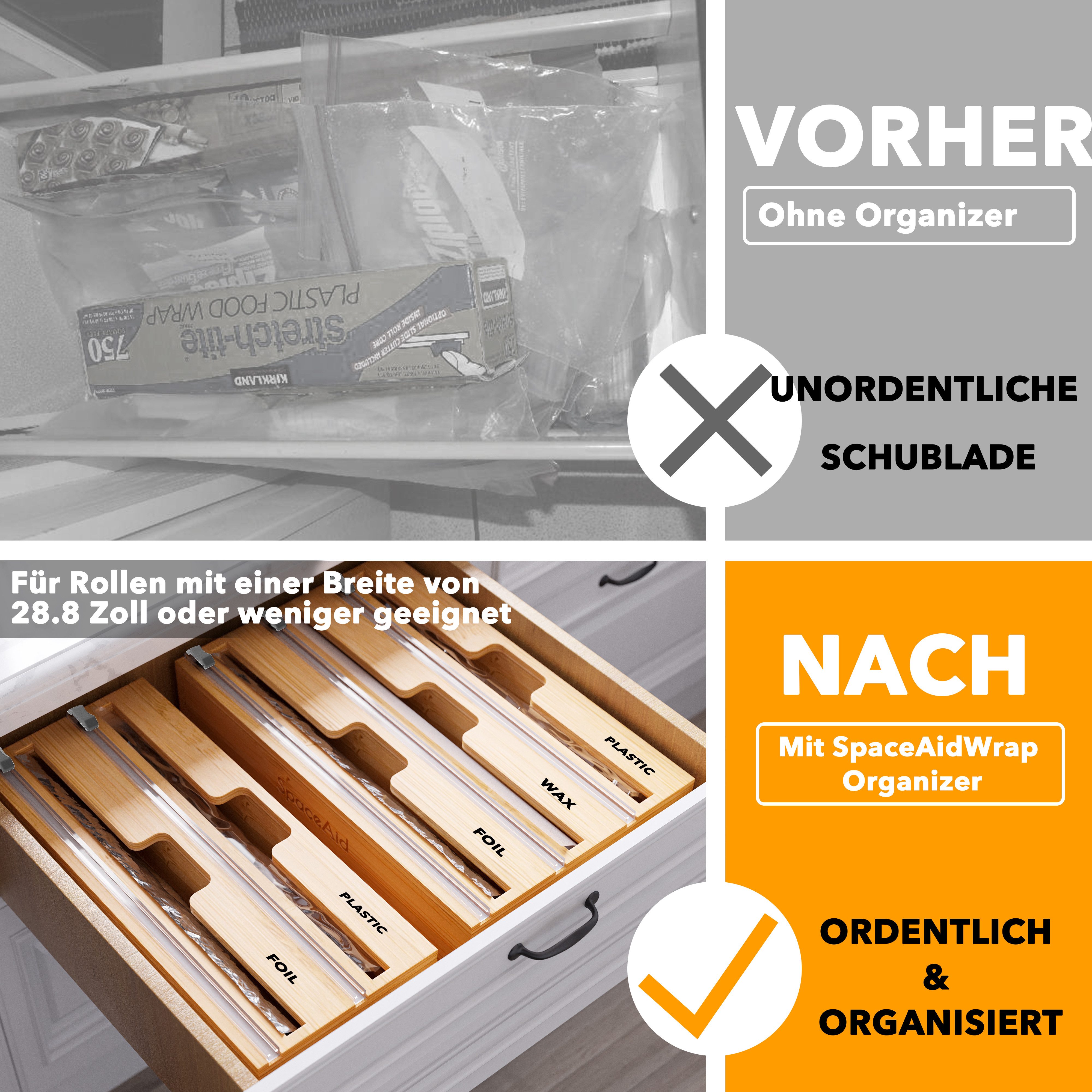 SpaceAid Folienspender Folienspender Mit Cutter, (2 in 1 Kunststofffolie, Aluminiumfolie und Wachs-Bambusspender), für Küche, Aufbewahrung