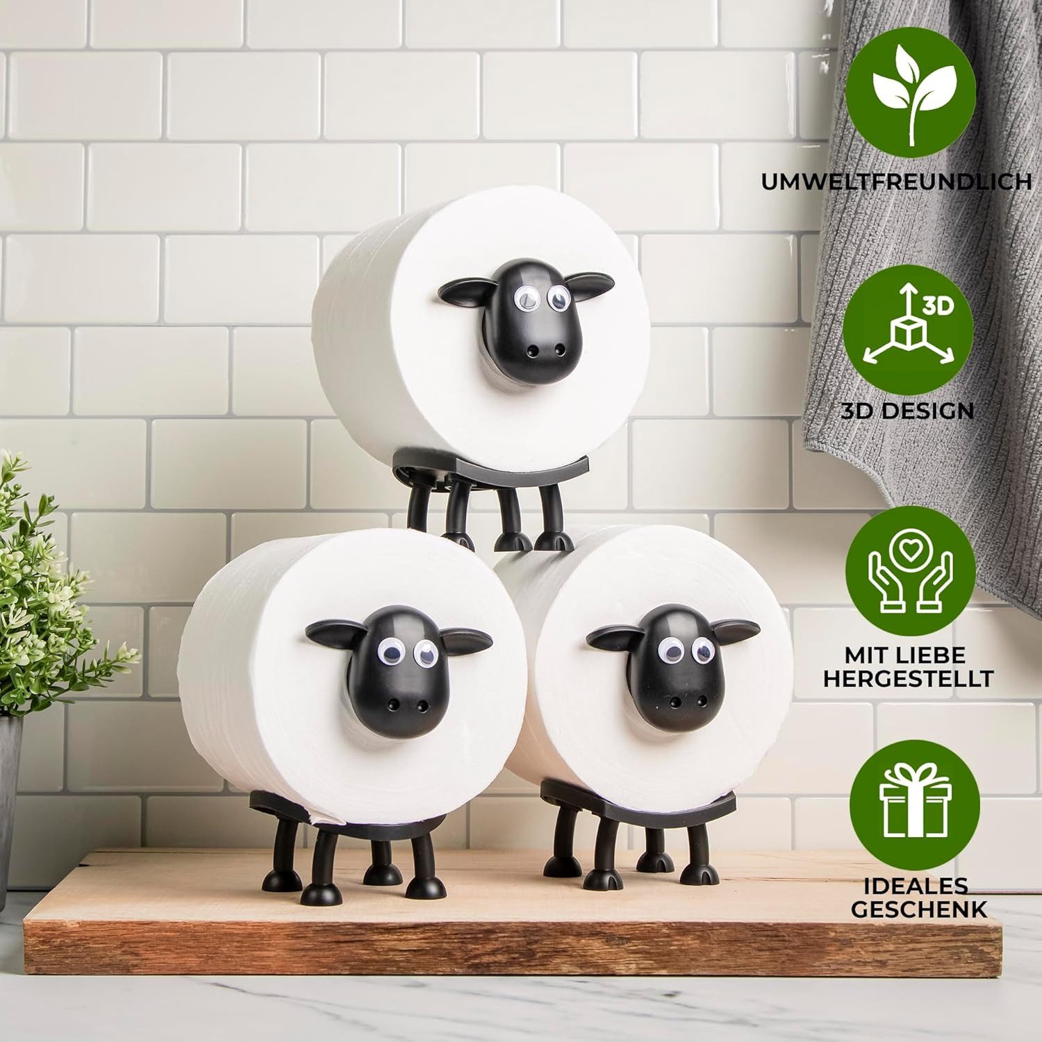 SURFOU Toilettenpapierhalter mit Schaf-Motiv, 3er Set, schwarz, freistehend, Lustiger Klorollenhalter aus Kunststoff, ohne Bohren, ohne Rollen