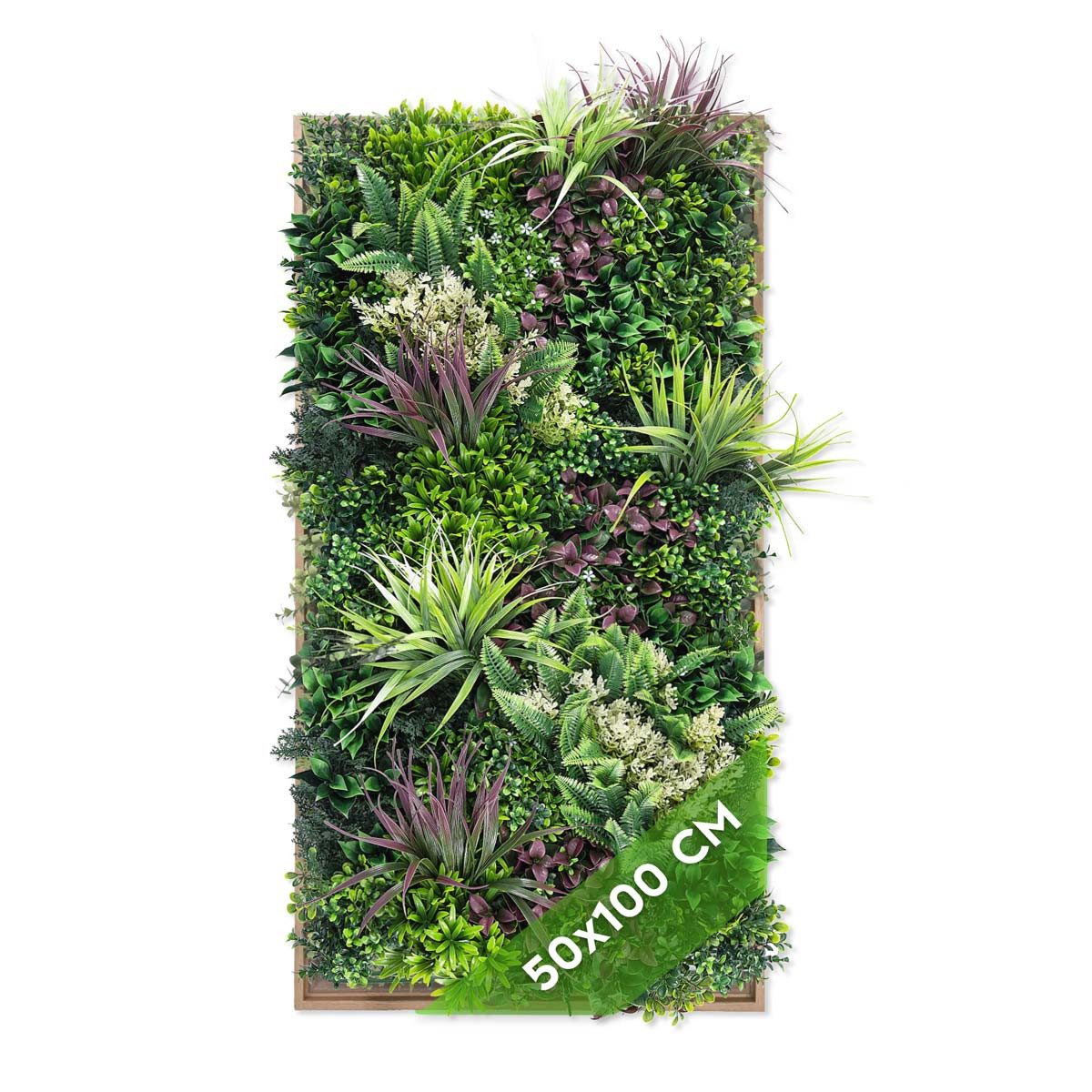 Kunstpflanze Künstliche Pflanzenwand Indoor & Outdoor, Blumenwand mit Rahmen Urban Jungle, JELLE & JACOB, Höhe 100 cm, pflegeleicht & langlebig im Kunststoff-Rahmen in Eicheoptik