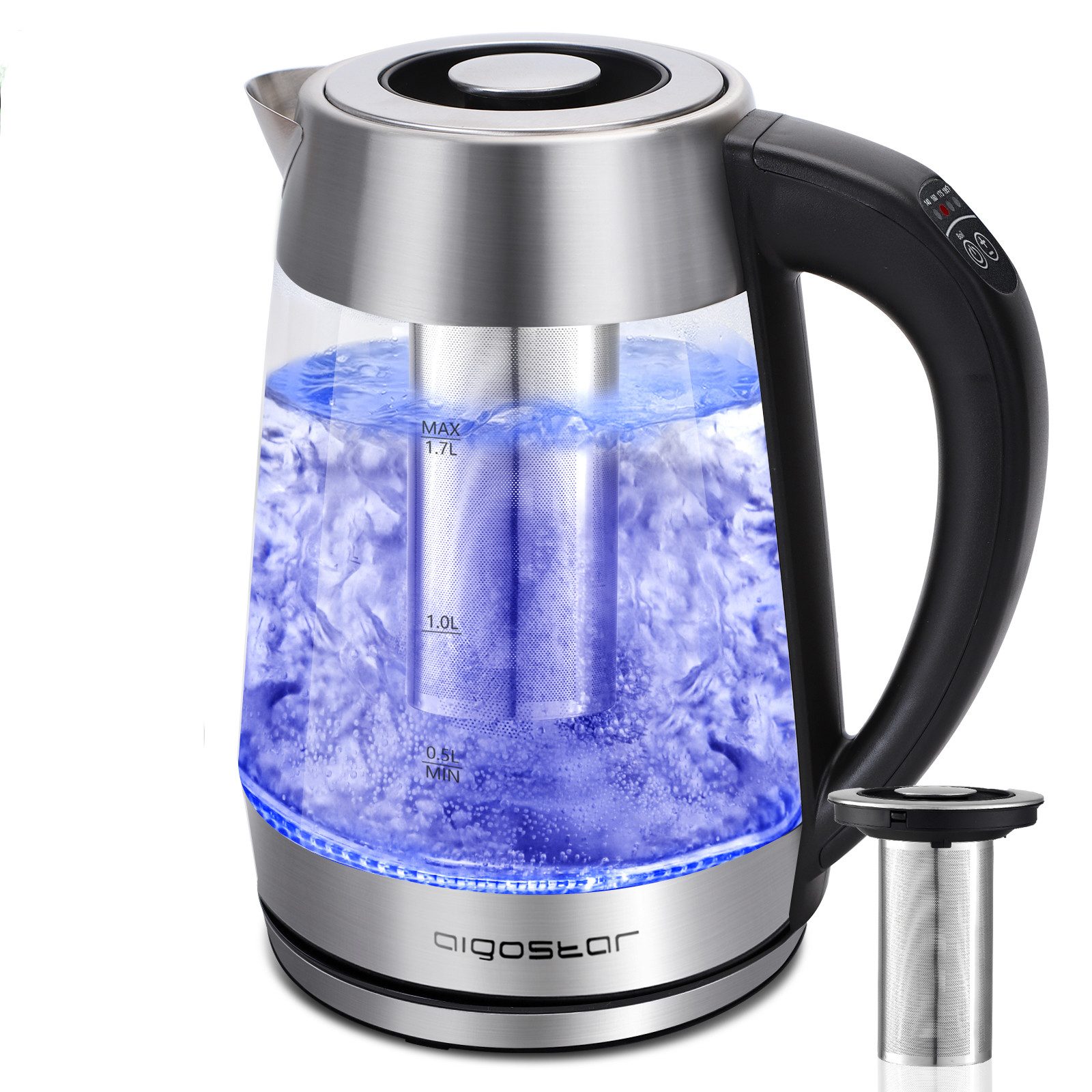 Aigostar Wasserkocher Aigostar Glas Wasserkocher mit Temperatureinstellung 1,7L, 60°-100°C, 1 l, Glas Wasserkocher mit Temperatureinstellung 1,7L, 60°-100°C