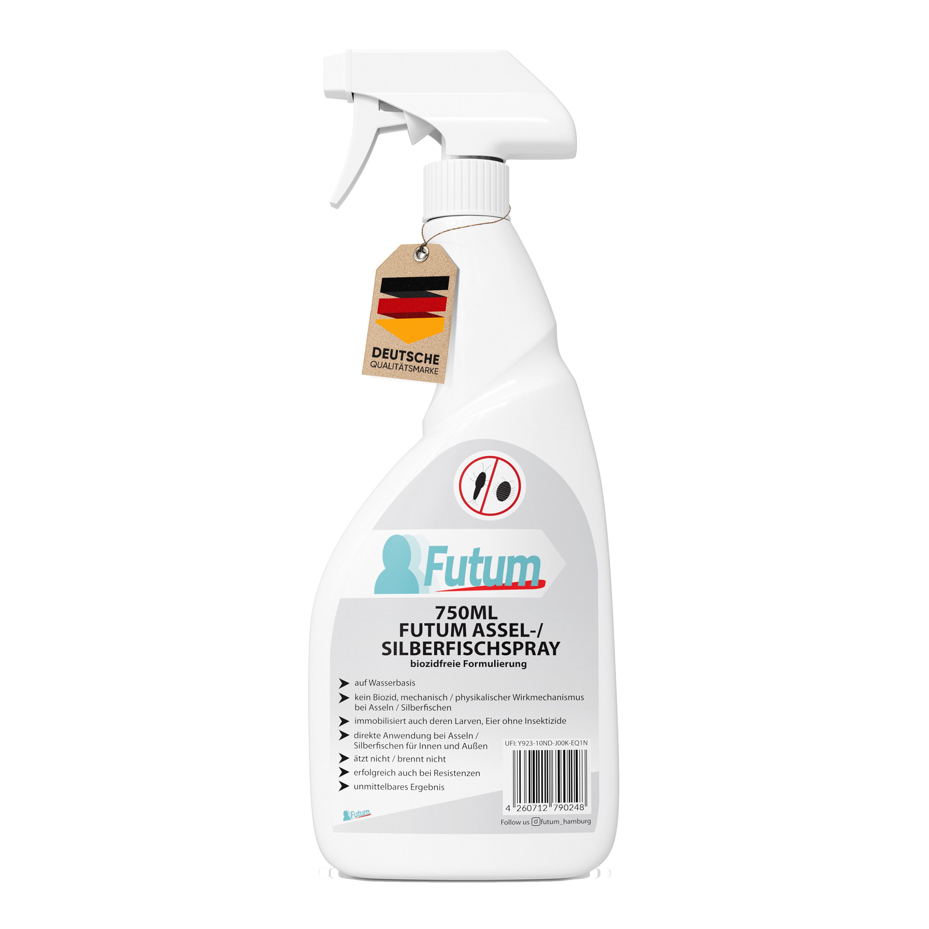 FUTUM Insektenspray Silberfisch Spray Mittel gegen Silberfische bekämpfen, 0.75 l, biozidfreie Formel, auf Wasserbasis, geruchsarm, brennt / ätzt nicht