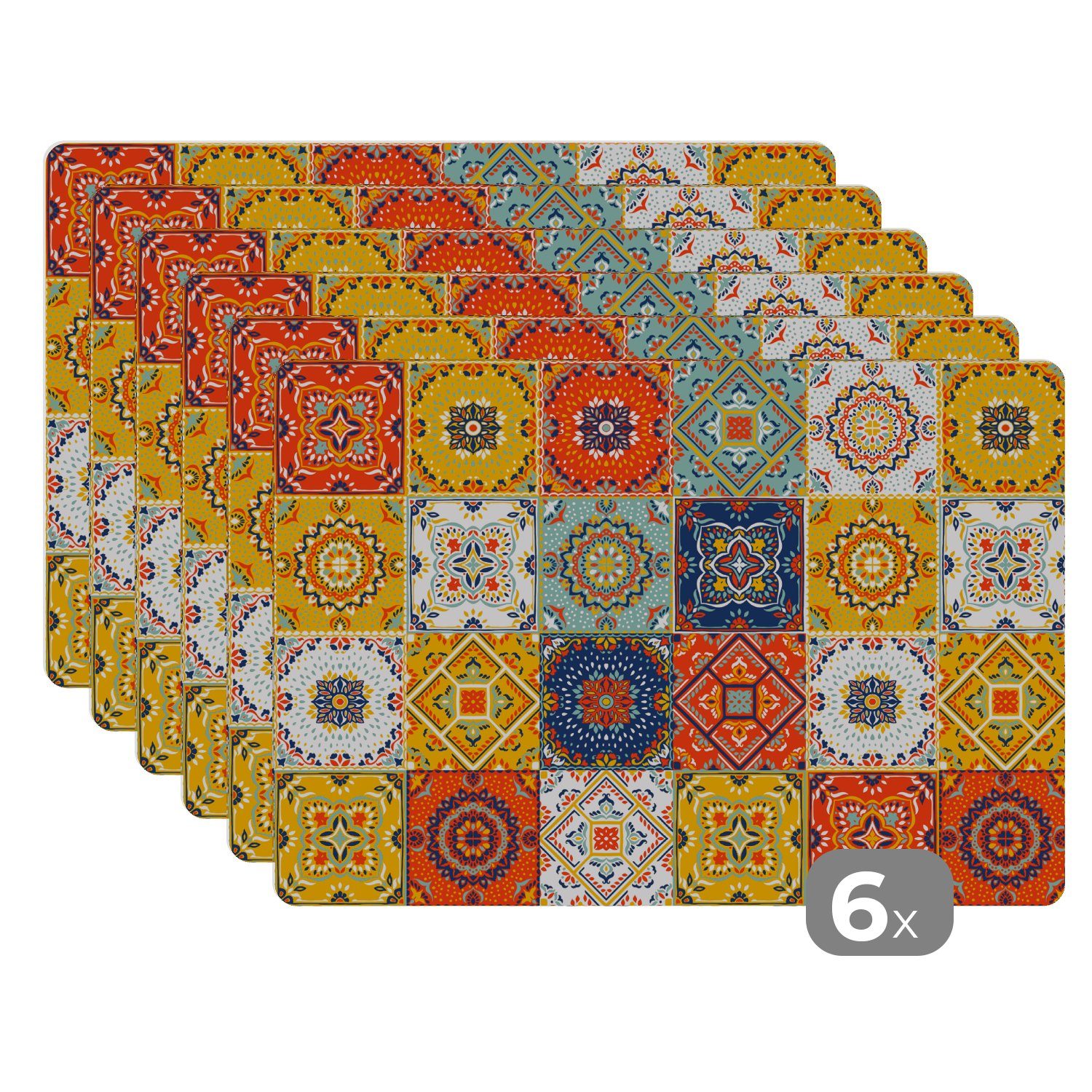 Tischmatten, - - Blumen Platzset, - Platzset, Weiß - Platzdecken, (6-St), MuchoWow, Platzmatte, Schmutzabweisend Vintage Muster Orange,