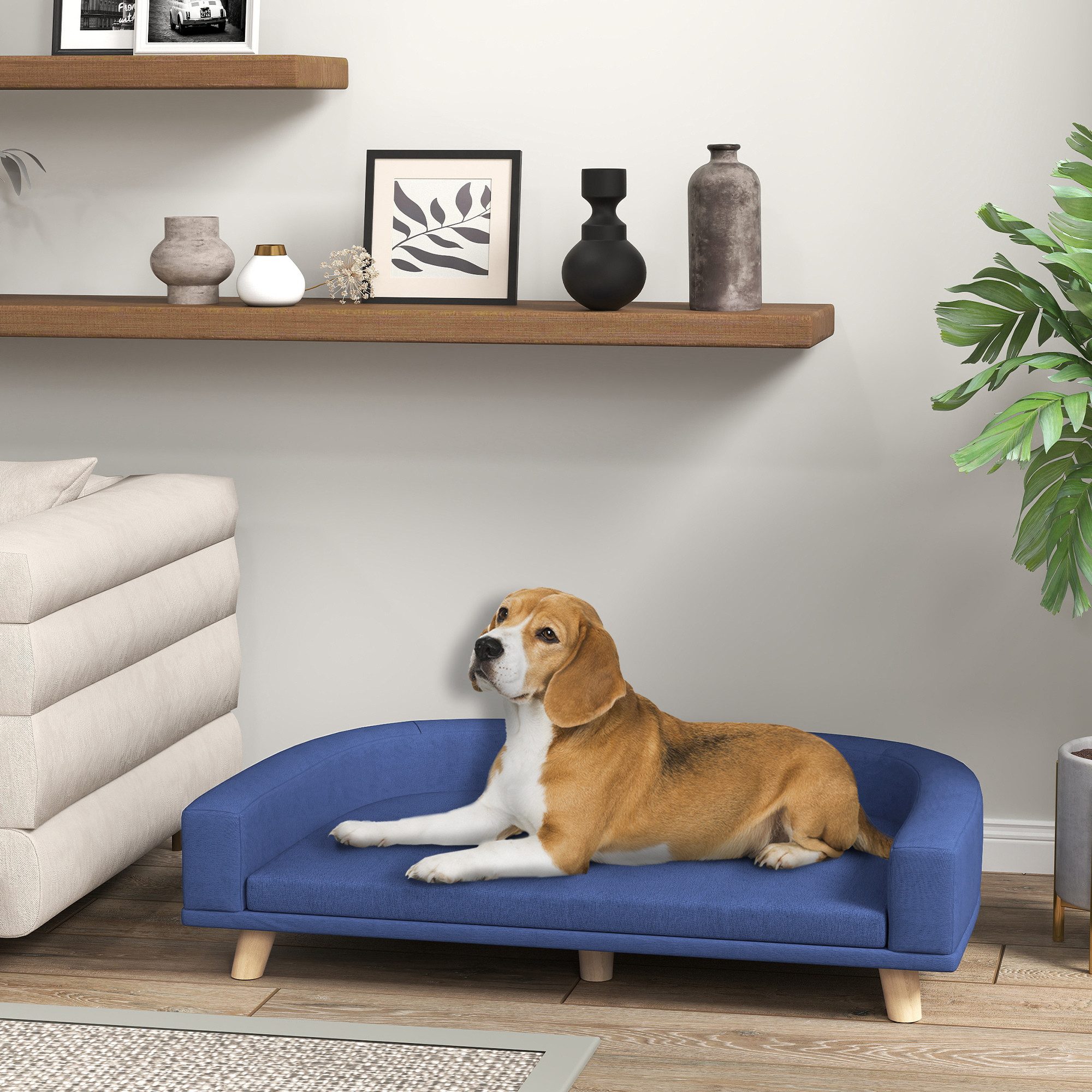 PawHut Tierbett mit Holzbeine, Sitzkissen, Polyester, für große Hunde, 98 x 67 x 25 cm Blau