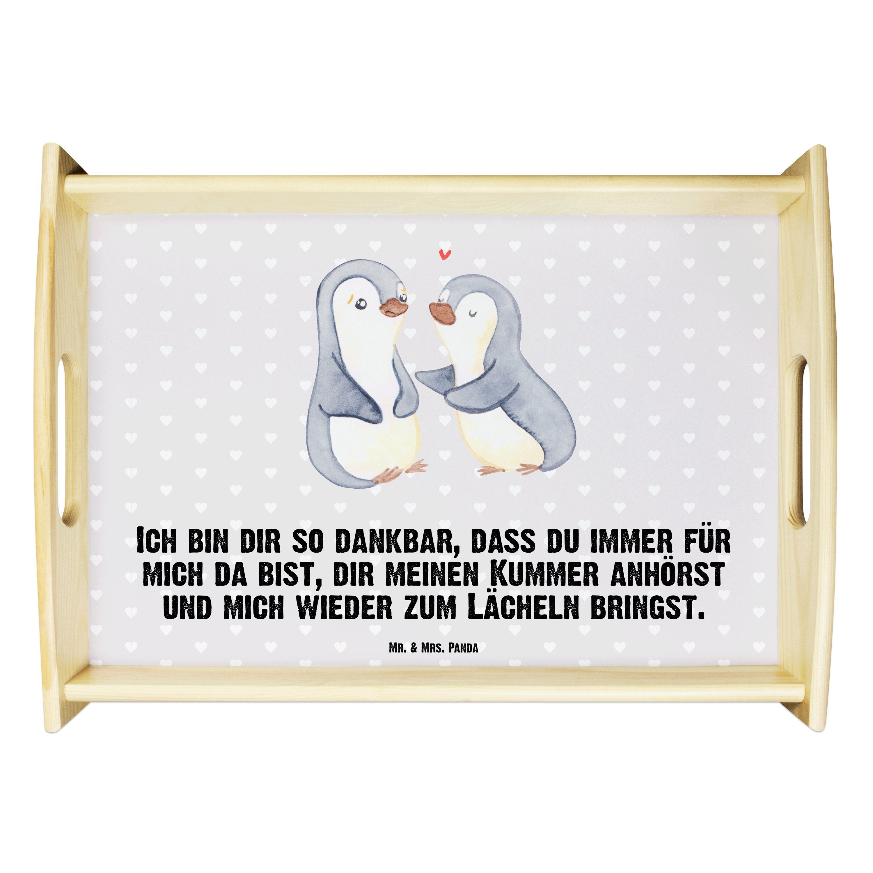 Mr. & Mrs. Panda Tablett Pinguine trösten - Grau Pastell - Geschenk, Ehefrau, Geschenk für Par, Echtholz lasiert, (1-tlg)