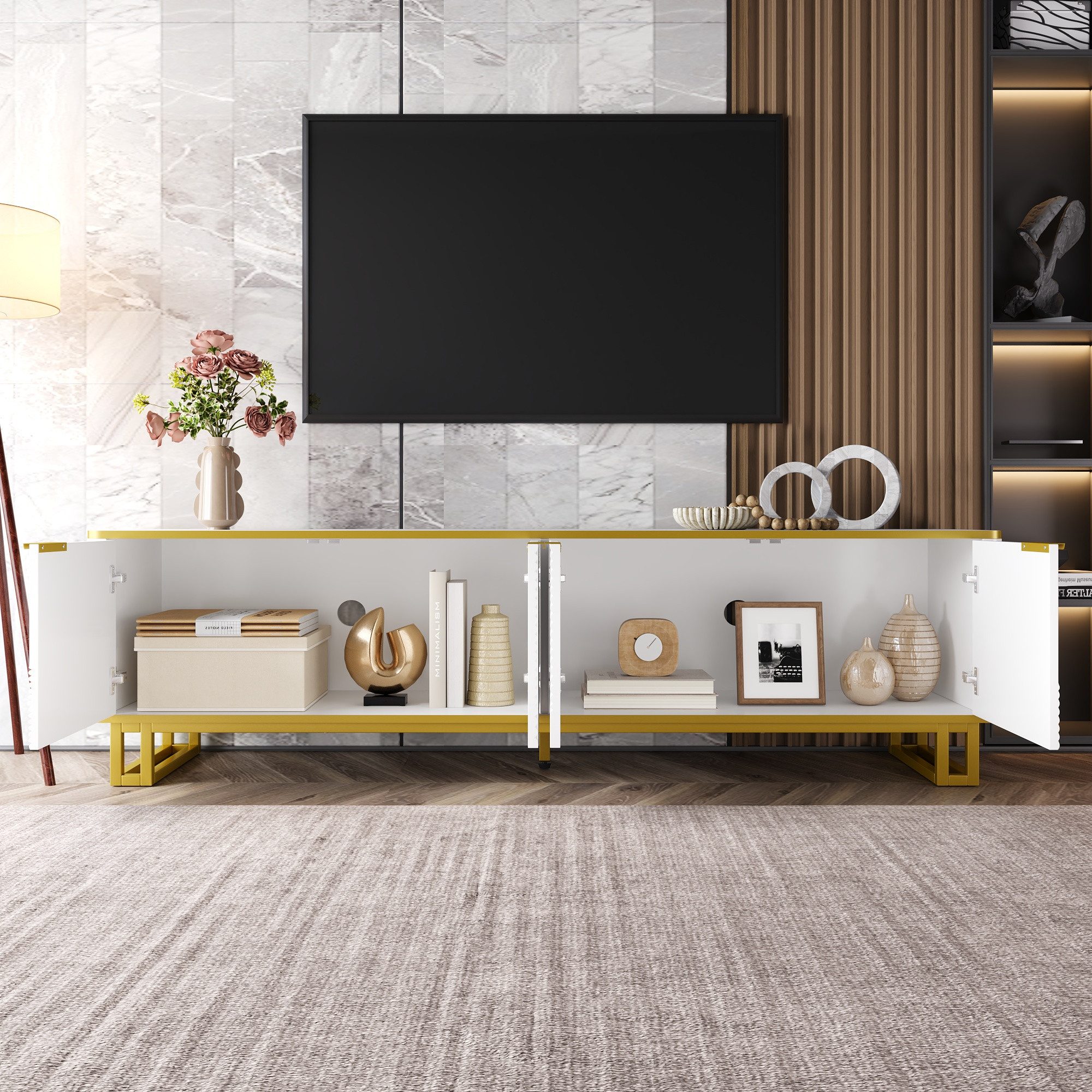 MODFU TV-Schrank Klassische Kommode in der Farbkombination Schwarz-Gold/Weiß (Packung, 1-St., 160x37,5x48 cm, mit geometrisch geprägten Türen vor 2 Fächern) Stilvolle und übersichtliche Aufbewahrungslösung