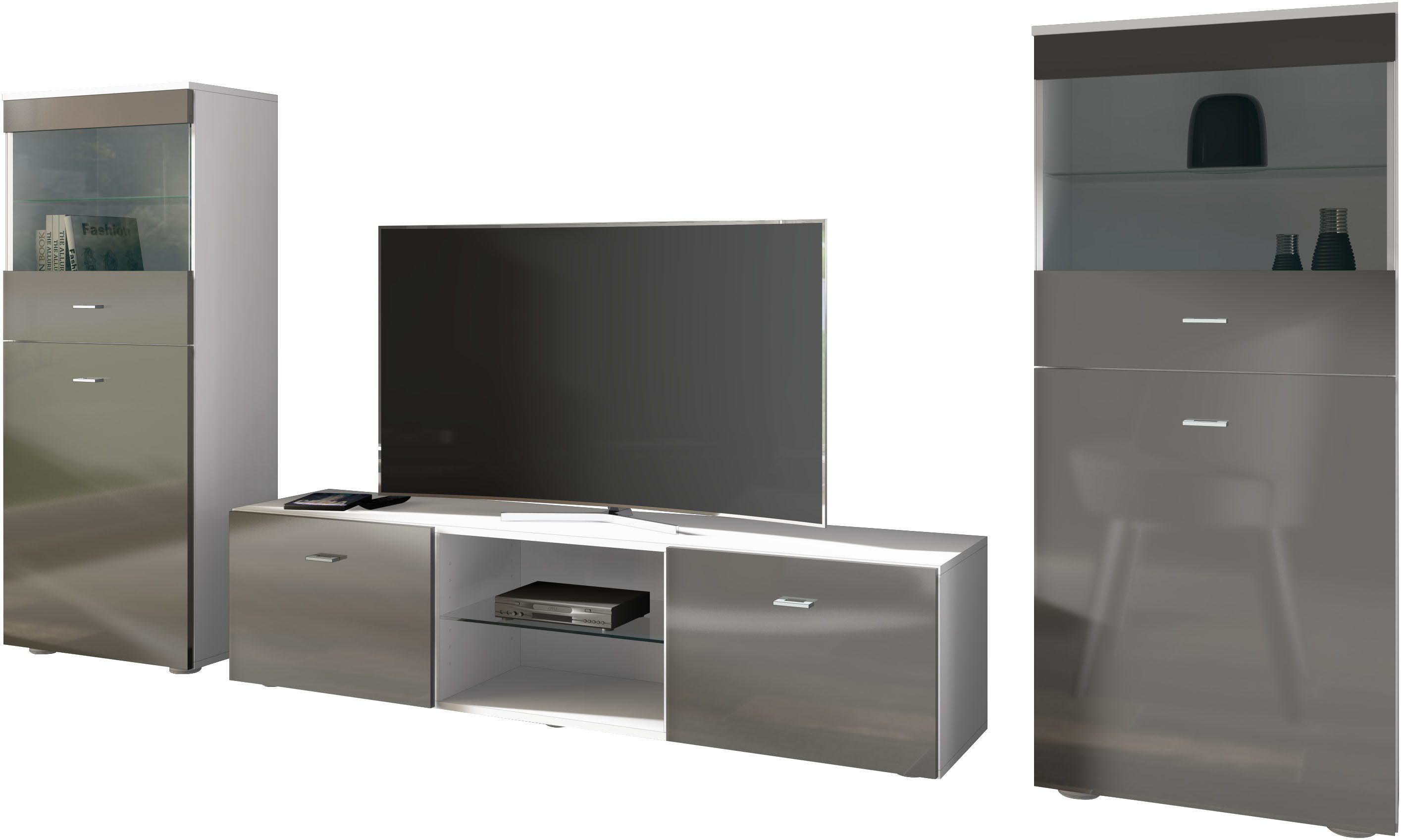 borchardt Möbel Wohnwand Scala, Mediawand 3-teilig mit 2 Vitrinen und Lowboard, Mit Griffen oder Push-to-open-Systemen, Fronten matt oder glänzend