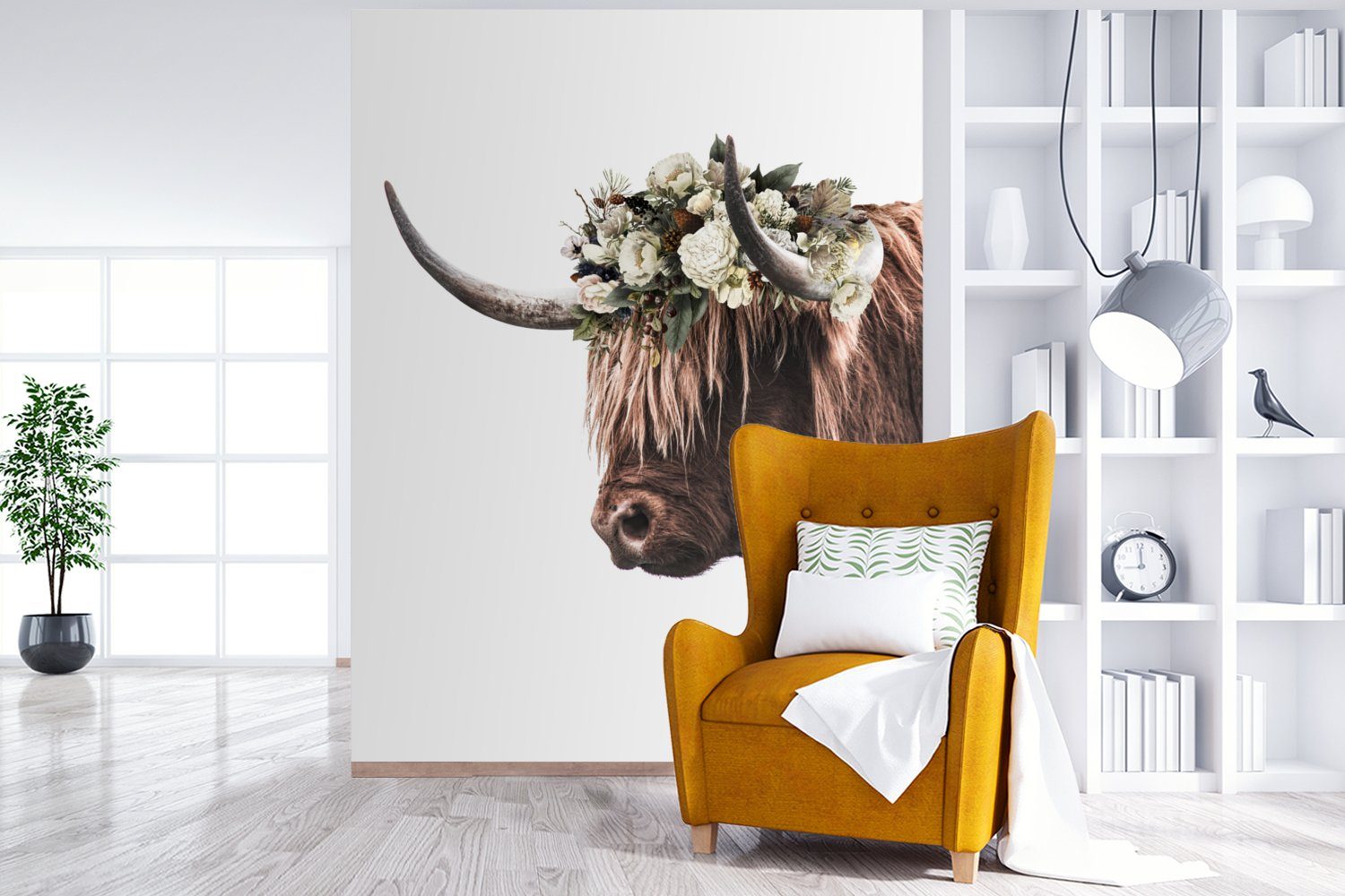 MuchoWow Fototapete Schottischer Highlander - Weiß, für Wohnzimmer, Blumenkranz Tapete Montagefertig - Vinyl Matt, Wandtapete bedruckt, (4 St)