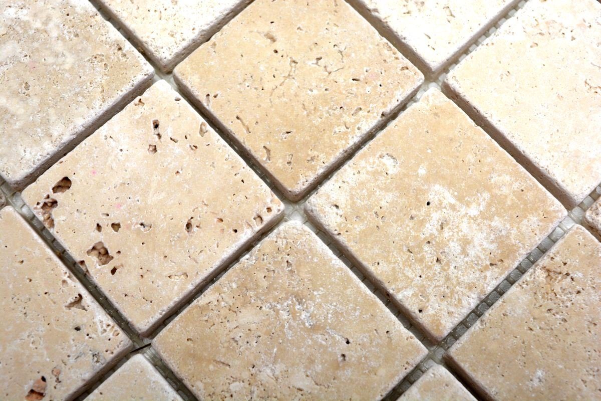 Mosani Matten Mosaikfliesen Bodenfliese beige / matt 10 Travertinmosaik