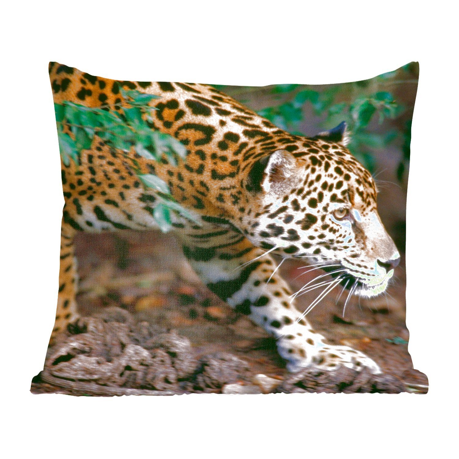 MuchoWow Dekokissen Schleichender Jaguar im Wald, Zierkissen mit Füllung für Wohzimmer, Schlafzimmer, Deko, Sofakissen