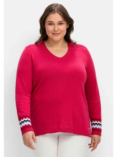 Sheego V-Ausschnitt-Pullover Große Größen mit Kontrastmuster am Ärmelsaum