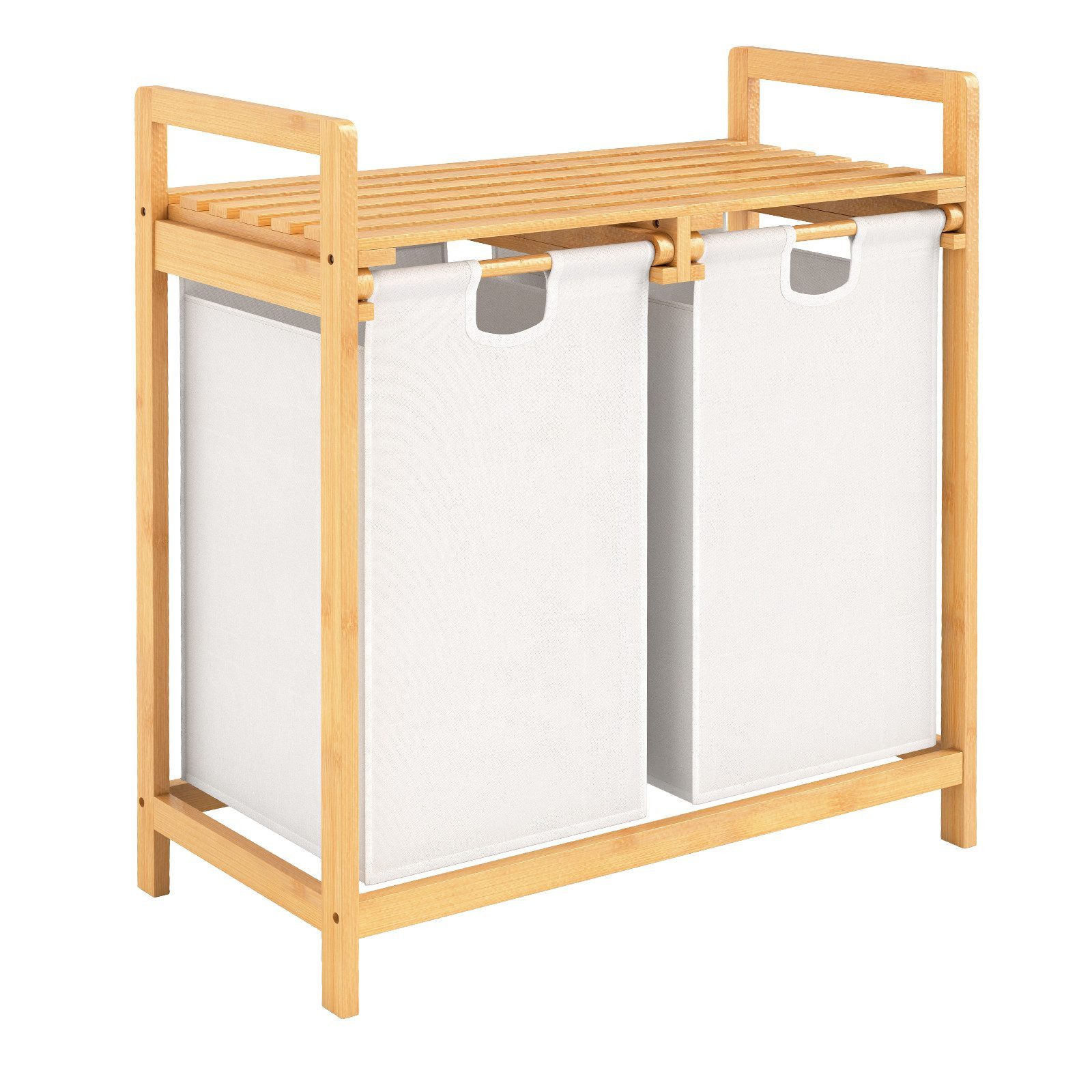 COSTWAY Wäschekorb, 2 Fächer Bambus, mit Ablage, ausziehbare Wäschesäcke günstig online kaufen