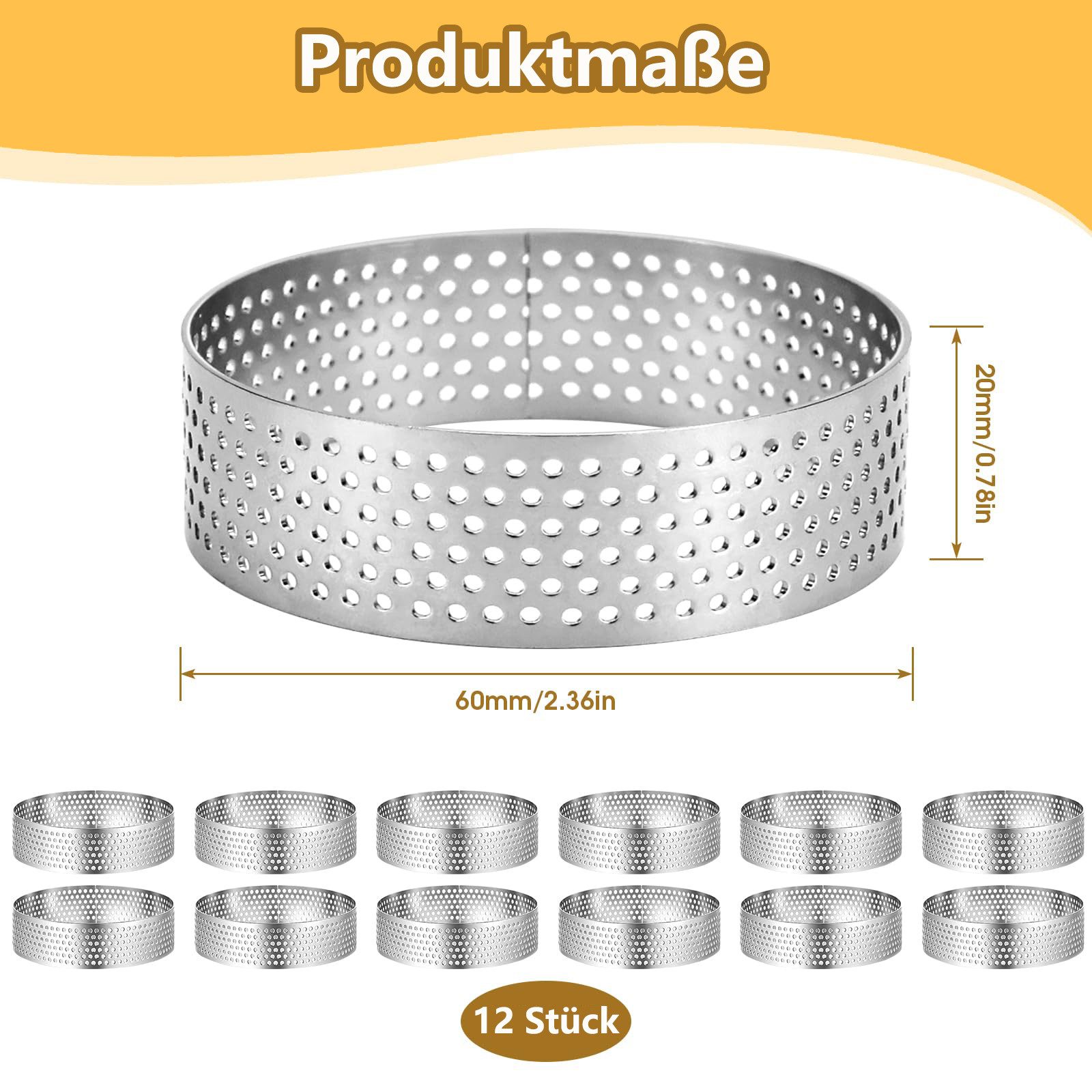 FOUORTUNATE-BEE Tarteform 12 Stück Edelstahl Tartelette-Rahmen mit Löchern, (Perfekte Tarte- und Quicheformen, Ø 6 cm 12-tlg), gleichmäßige Wärmeverteilung, ros – Bild 2 von 5
