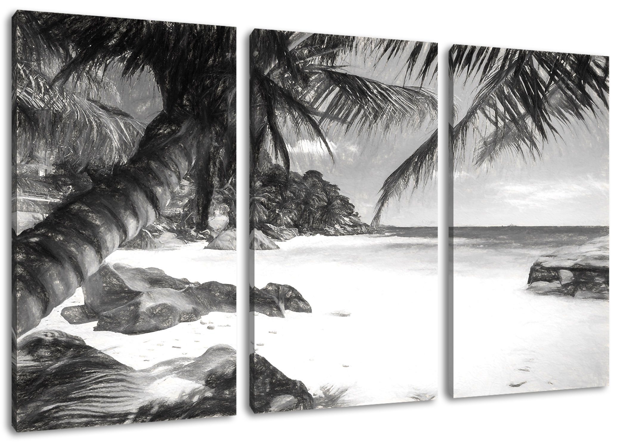 Pixxprint Leinwandbild Palmenstrand Seychellen Kunst, Palmenstrand Seychellen Kunst 3Teiler (120x80cm) (1 St), Leinwandbild fertig bespannt, inkl. Zackenaufhänger