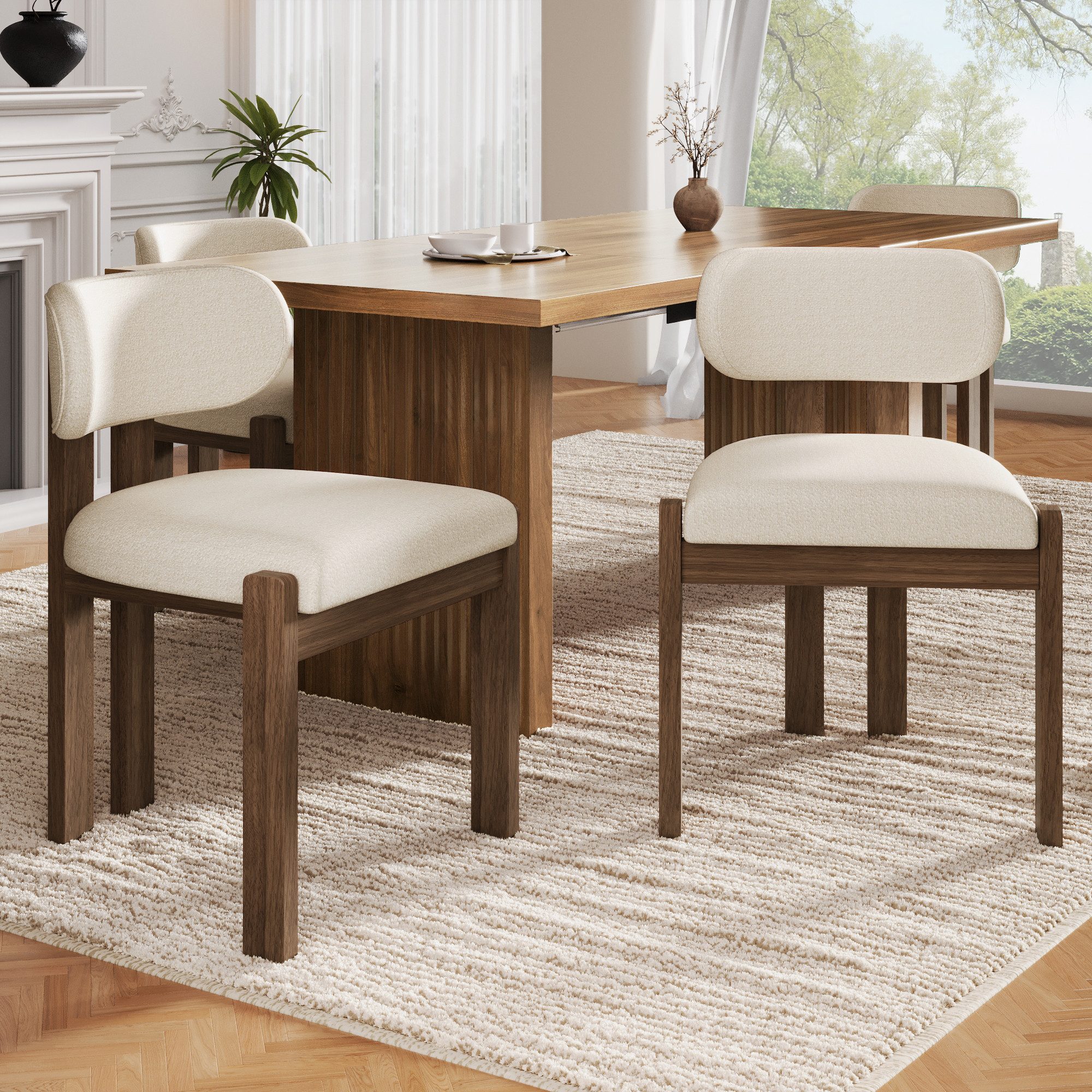 Flieks Esszimmerstuhl Gestell aus Massivholz, Bezug aus Bouclé-Stoff Beige (Set, 4 St), 4er Set Polsterstühle Küchenstühle Wohnzimmerstuhl …