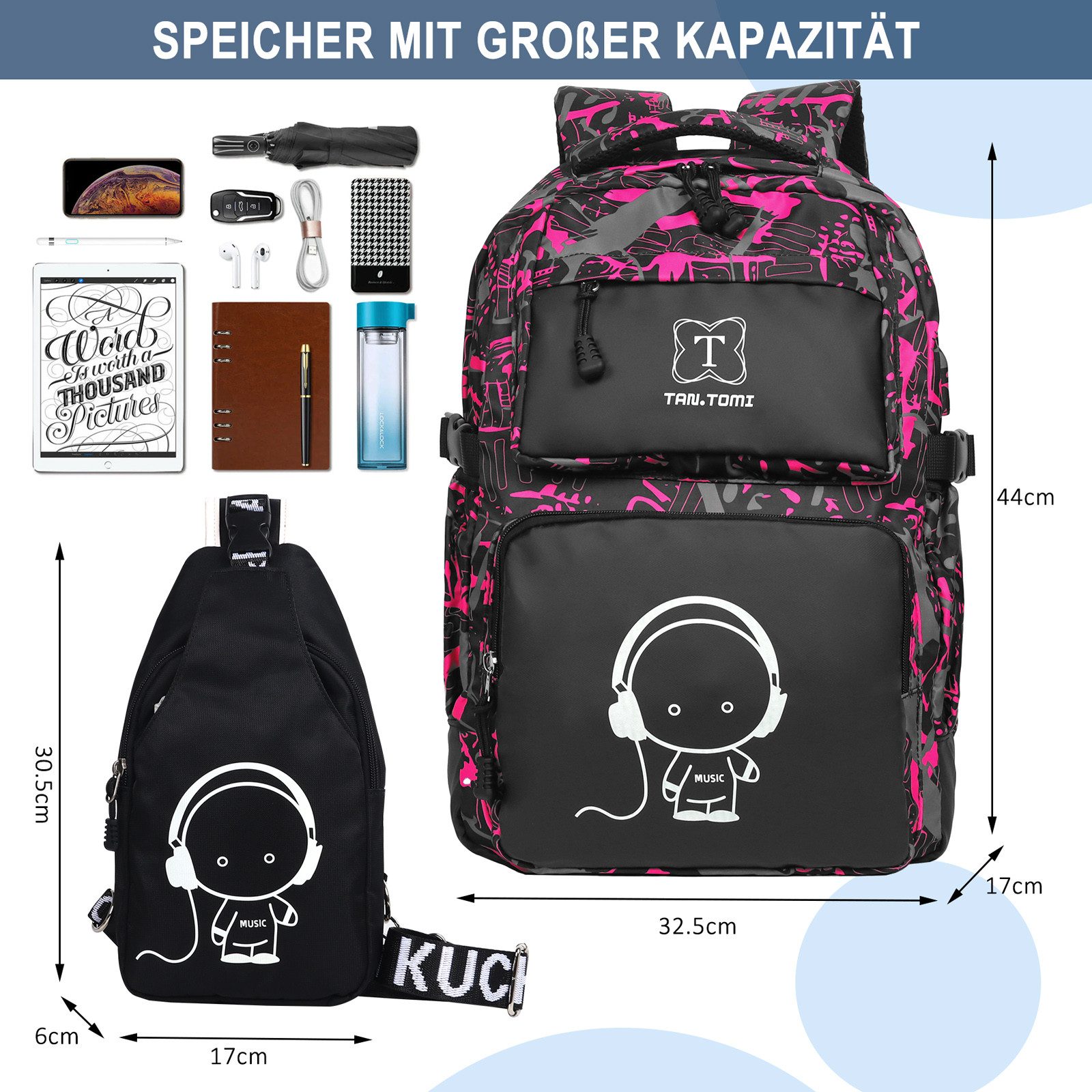 TAN.TOMI Schulrucksack Rucksack Jungen Schulrucksack Mädchen Teenager Jugendliche Daypacks, Kinder Reflektierender Schultasche Outdoor Camping Groß Schulranzen